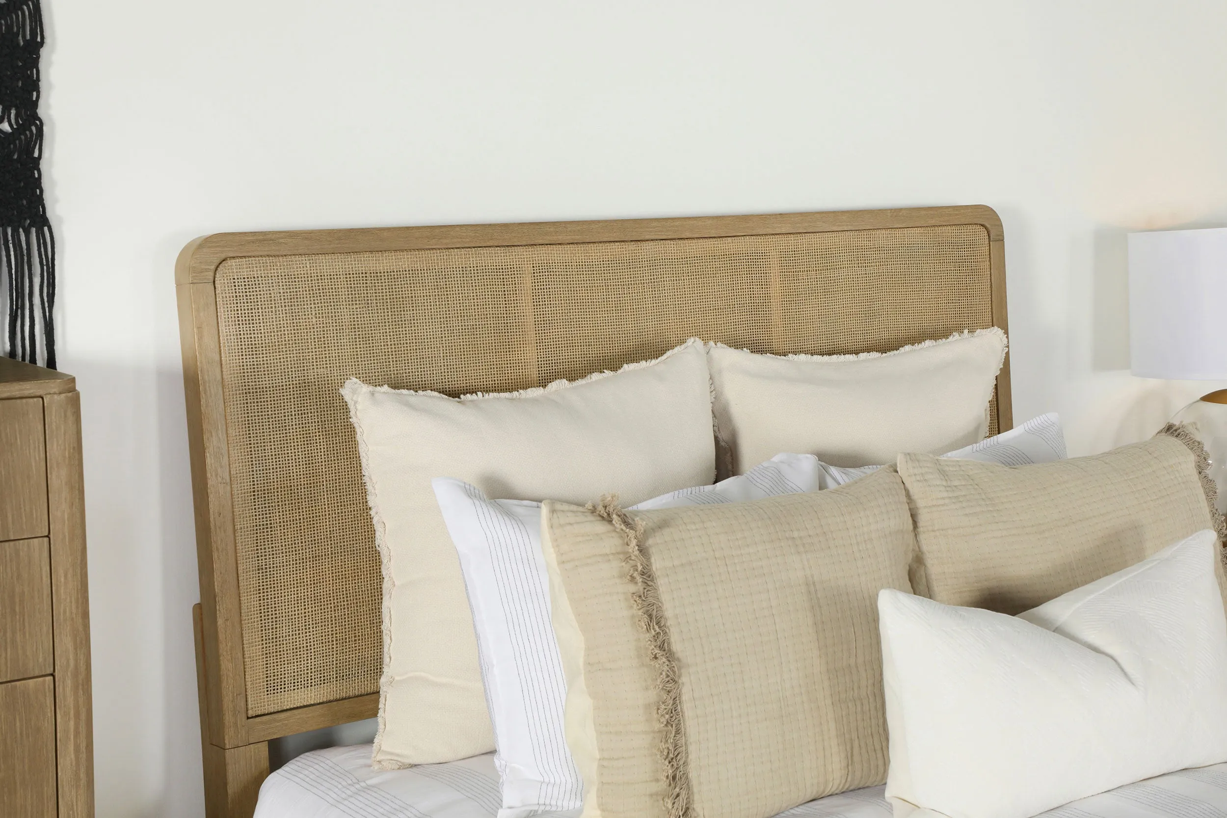 Arini Upholstered Queen Panel Bed Sand Wash and Natural Cane
