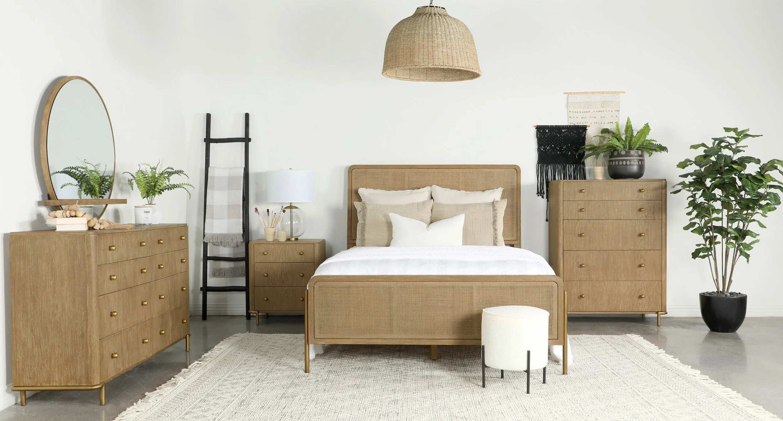 Arini Upholstered Queen Panel Bed Sand Wash and Natural Cane