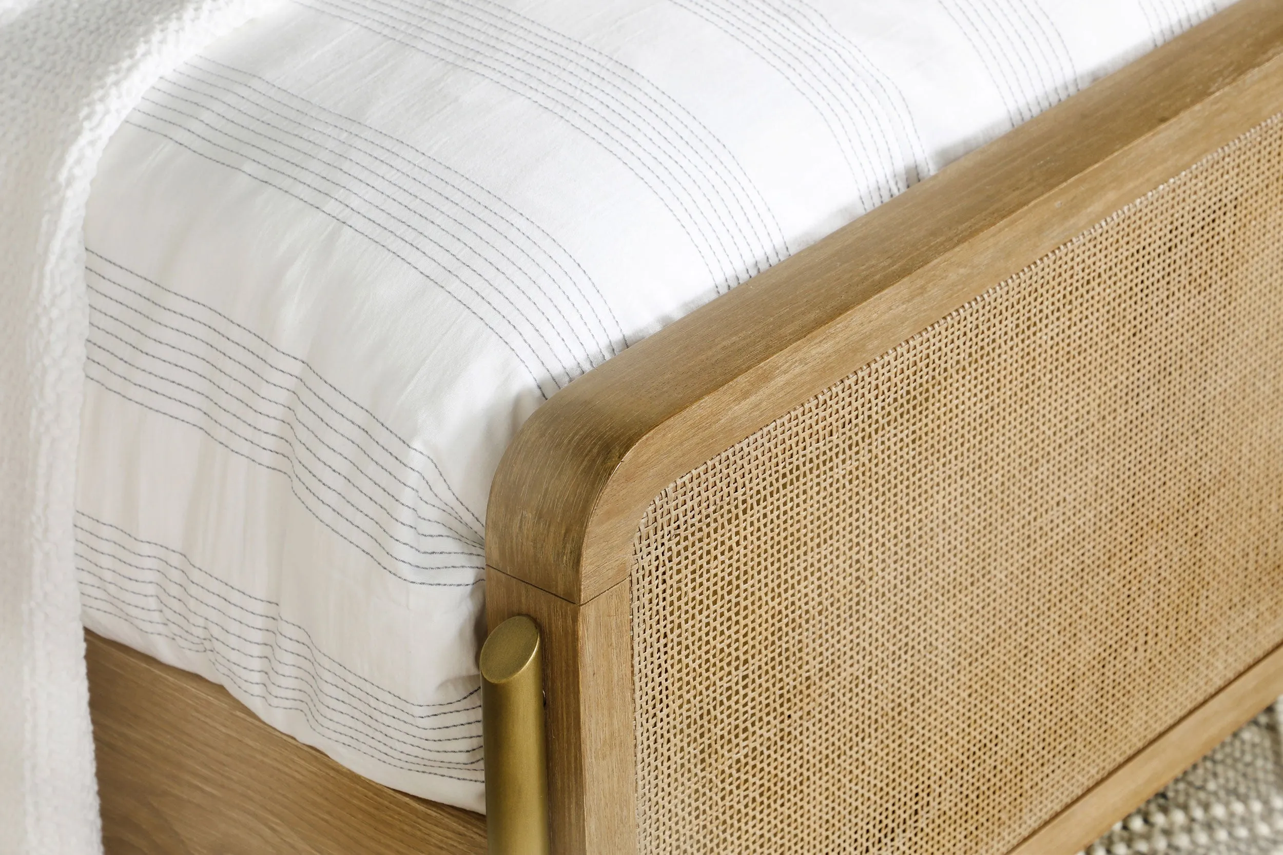 Arini Upholstered Queen Panel Bed Sand Wash and Natural Cane