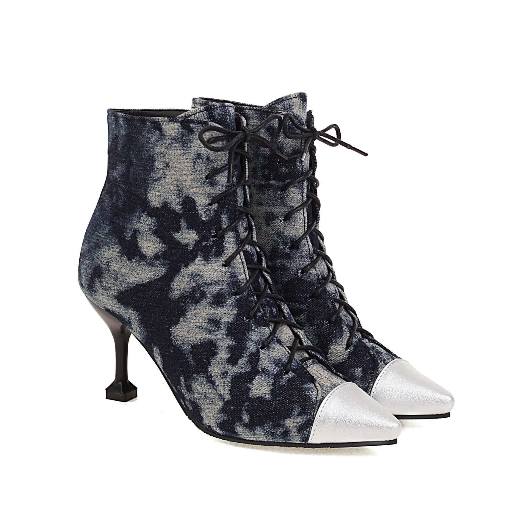 Bigsizeheels Pointed horseshoe lace-up ankle boots - Dark blue