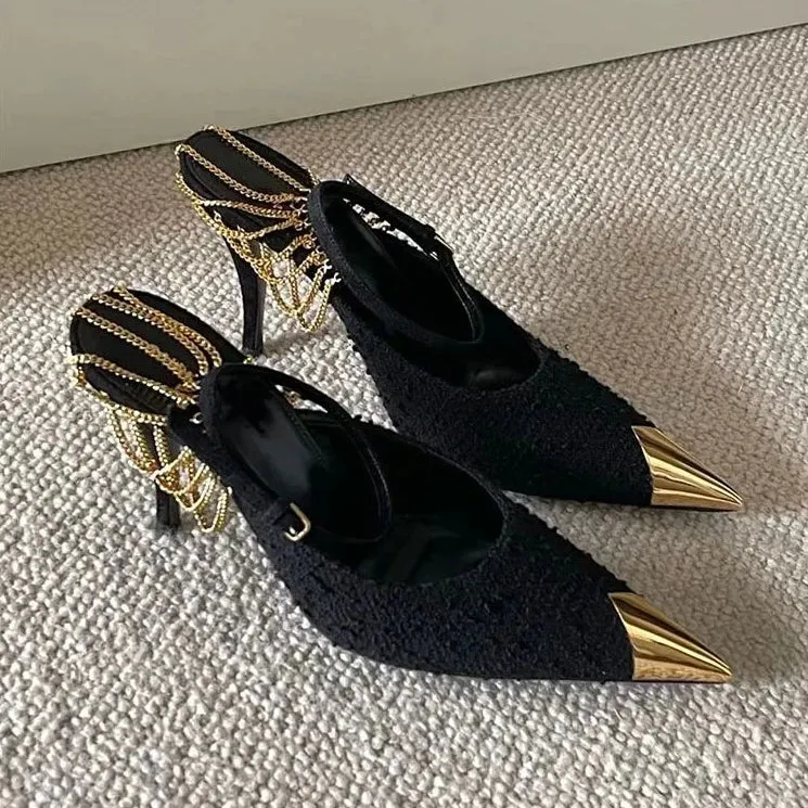 binfenxie Woman Pumps High Heels Fashion Chain Decoration Hollow Elegant Stiletto Sandals Pointed Toe Party Shoes for Women