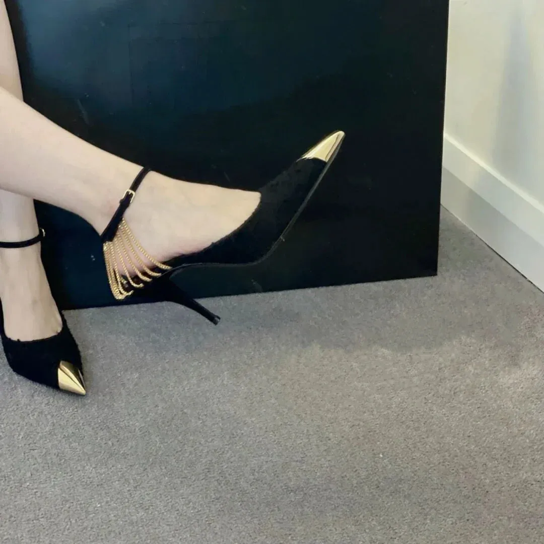 binfenxie Woman Pumps High Heels Fashion Chain Decoration Hollow Elegant Stiletto Sandals Pointed Toe Party Shoes for Women