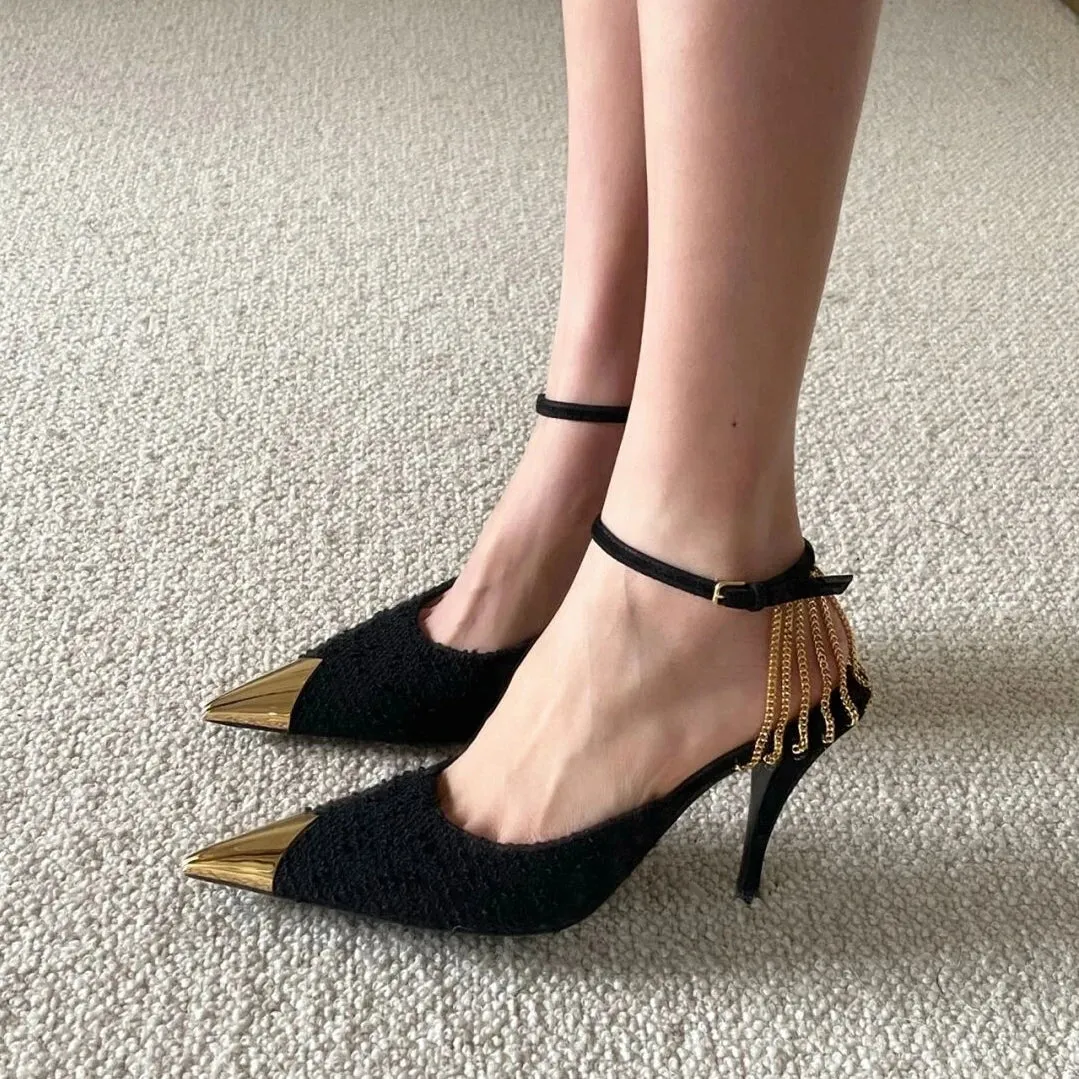binfenxie Woman Pumps High Heels Fashion Chain Decoration Hollow Elegant Stiletto Sandals Pointed Toe Party Shoes for Women