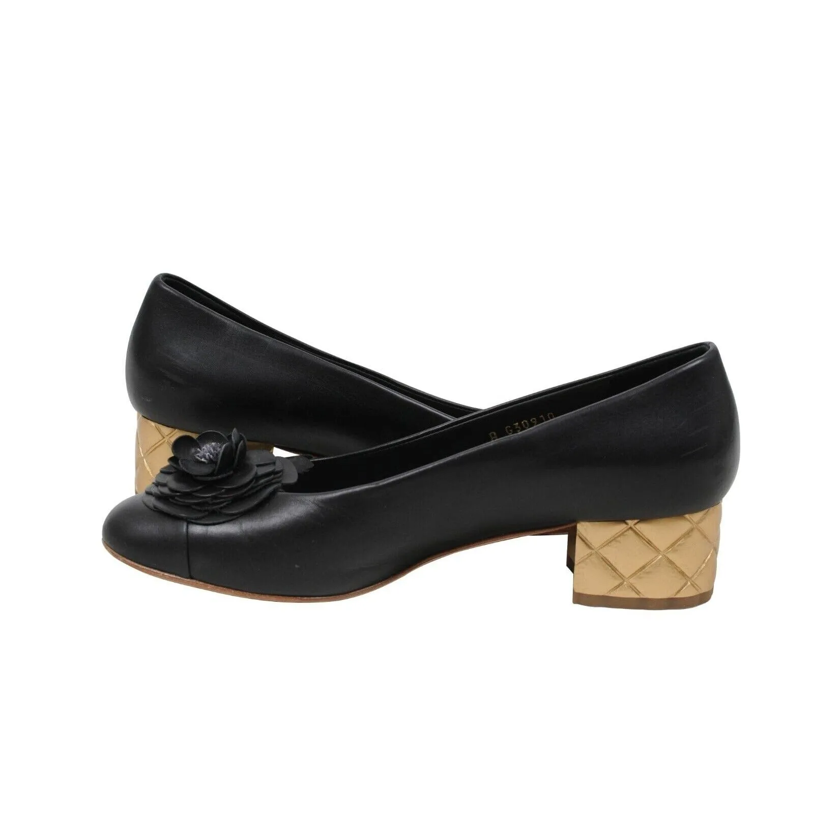 Black Leather Flower Gold Heel Camellia Ballet Pumps