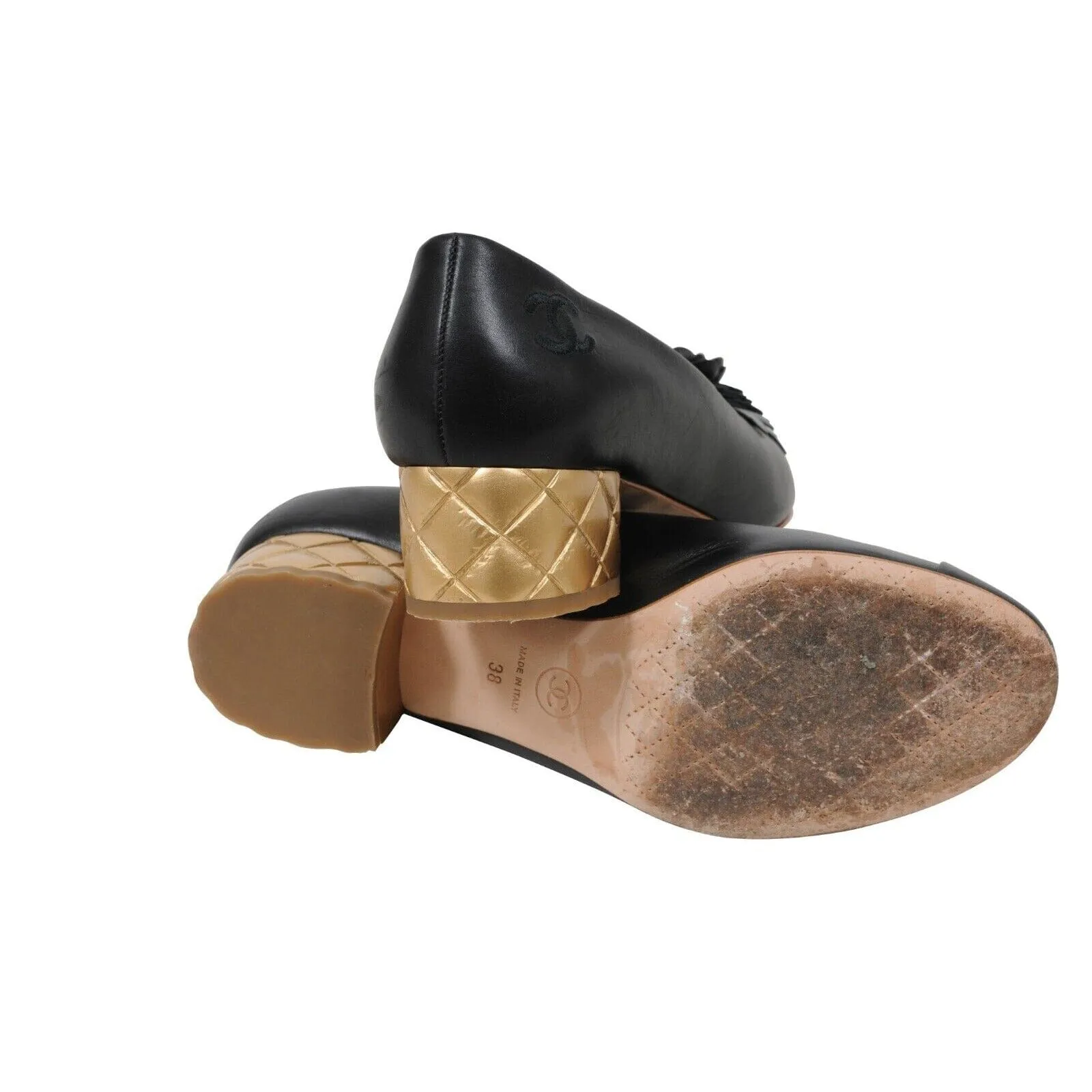 Black Leather Flower Gold Heel Camellia Ballet Pumps