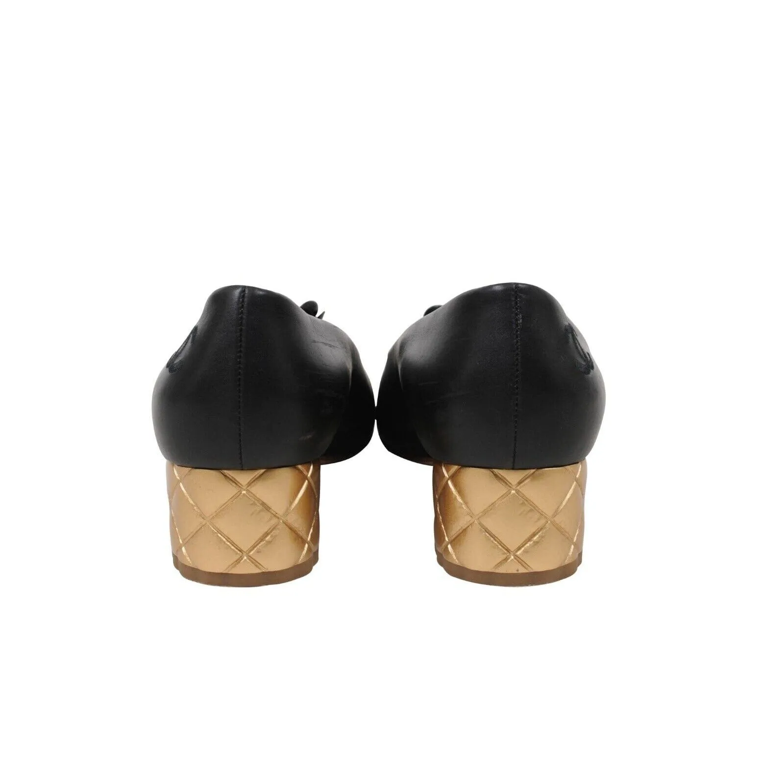 Black Leather Flower Gold Heel Camellia Ballet Pumps