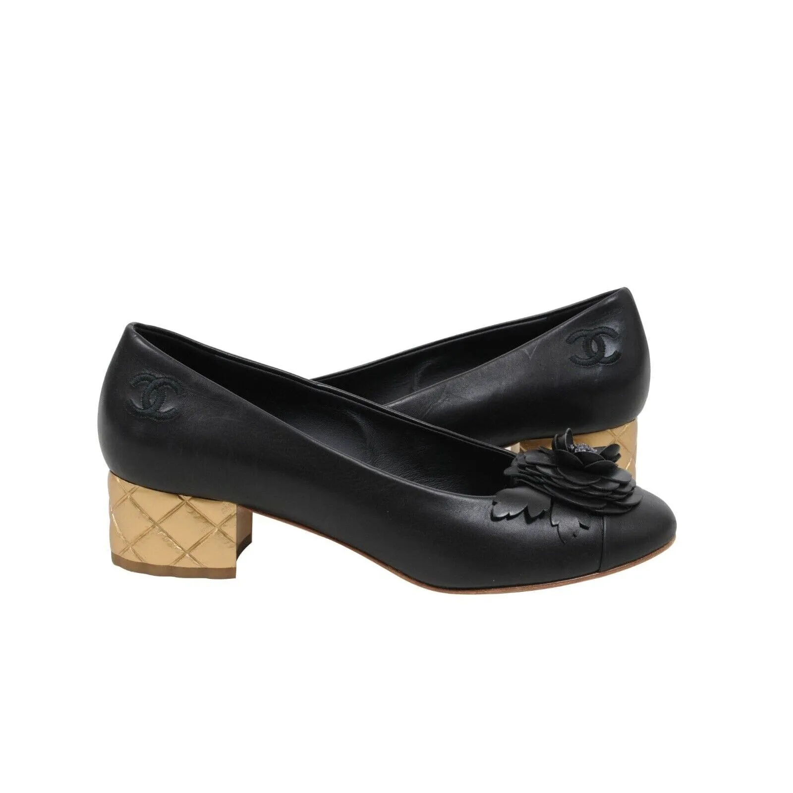 Black Leather Flower Gold Heel Camellia Ballet Pumps