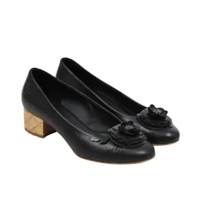 Black Leather Flower Gold Heel Camellia Ballet Pumps