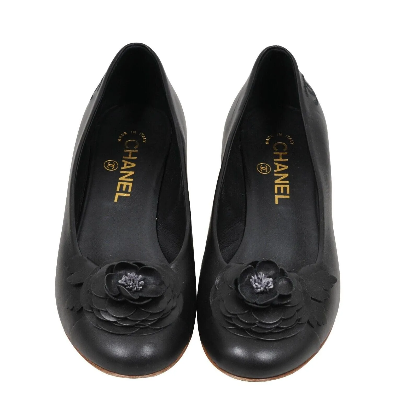 Black Leather Flower Gold Heel Camellia Ballet Pumps