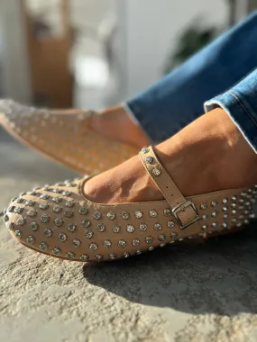 Camel Embellished Buckle Fasten Ballet Pump