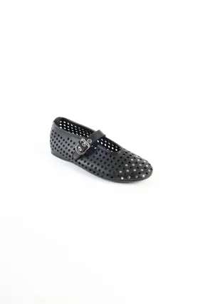 CARROLYN BLACK- Perforated Leather Ballet Flats with Studs and Buckle