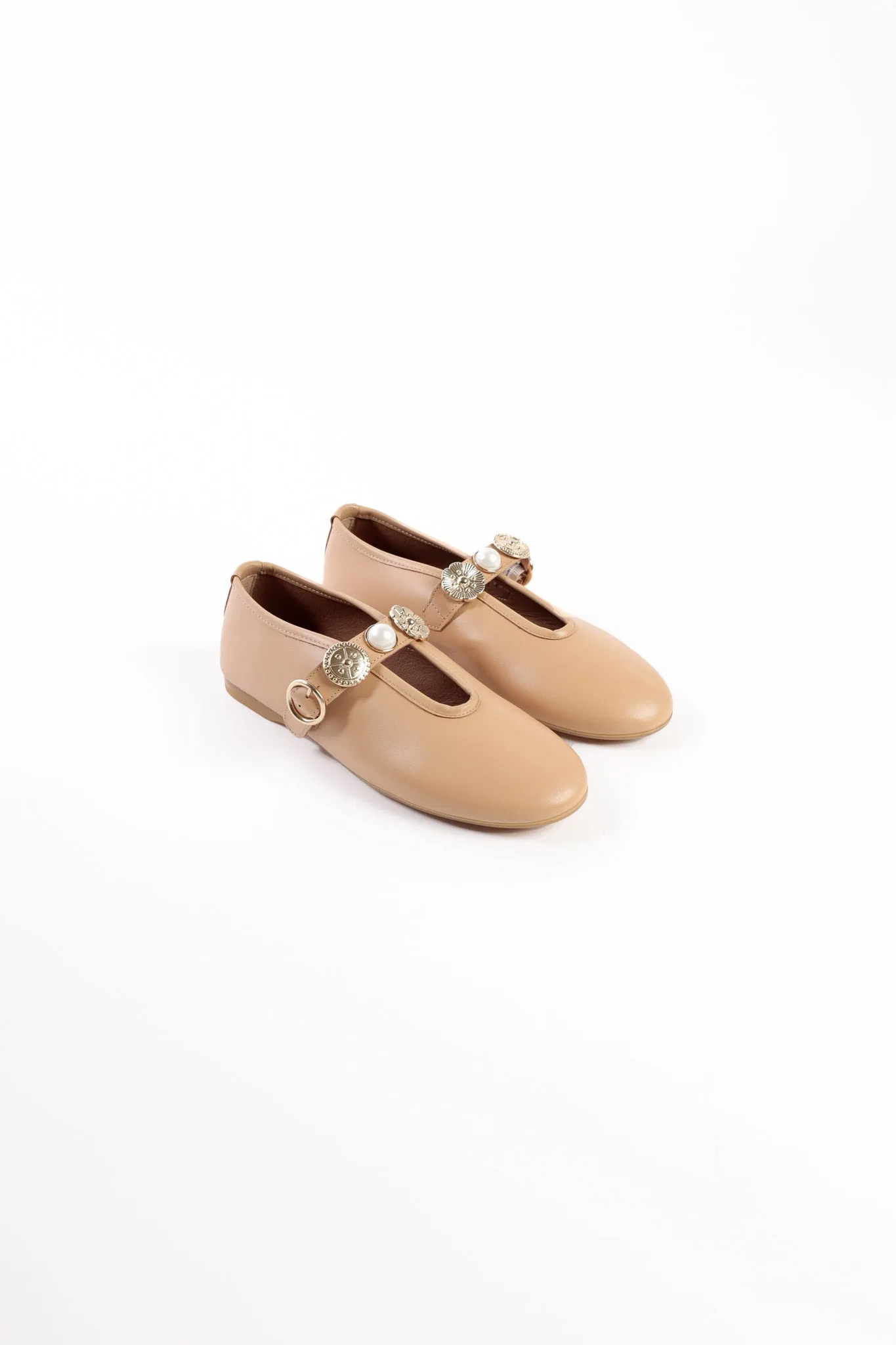 CLARICE CAMEL- Leather Ballet Flats with Embellished Strap