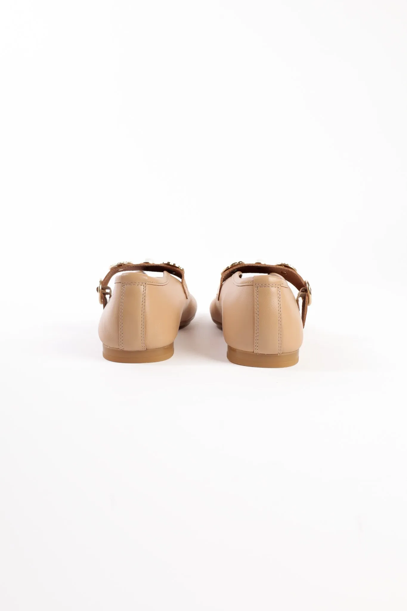 CLARICE CAMEL- Leather Ballet Flats with Embellished Strap