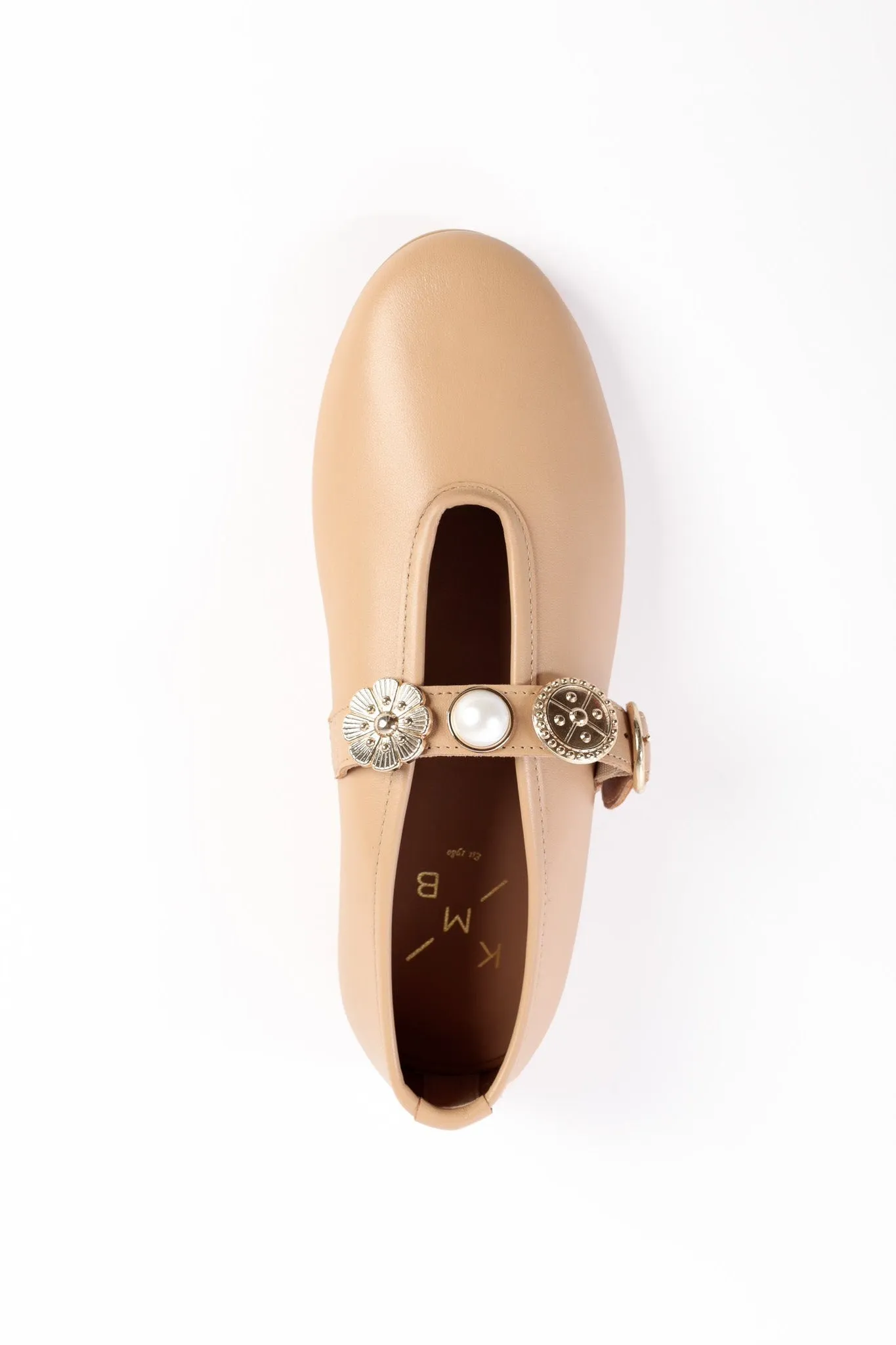 CLARICE CAMEL- Leather Ballet Flats with Embellished Strap