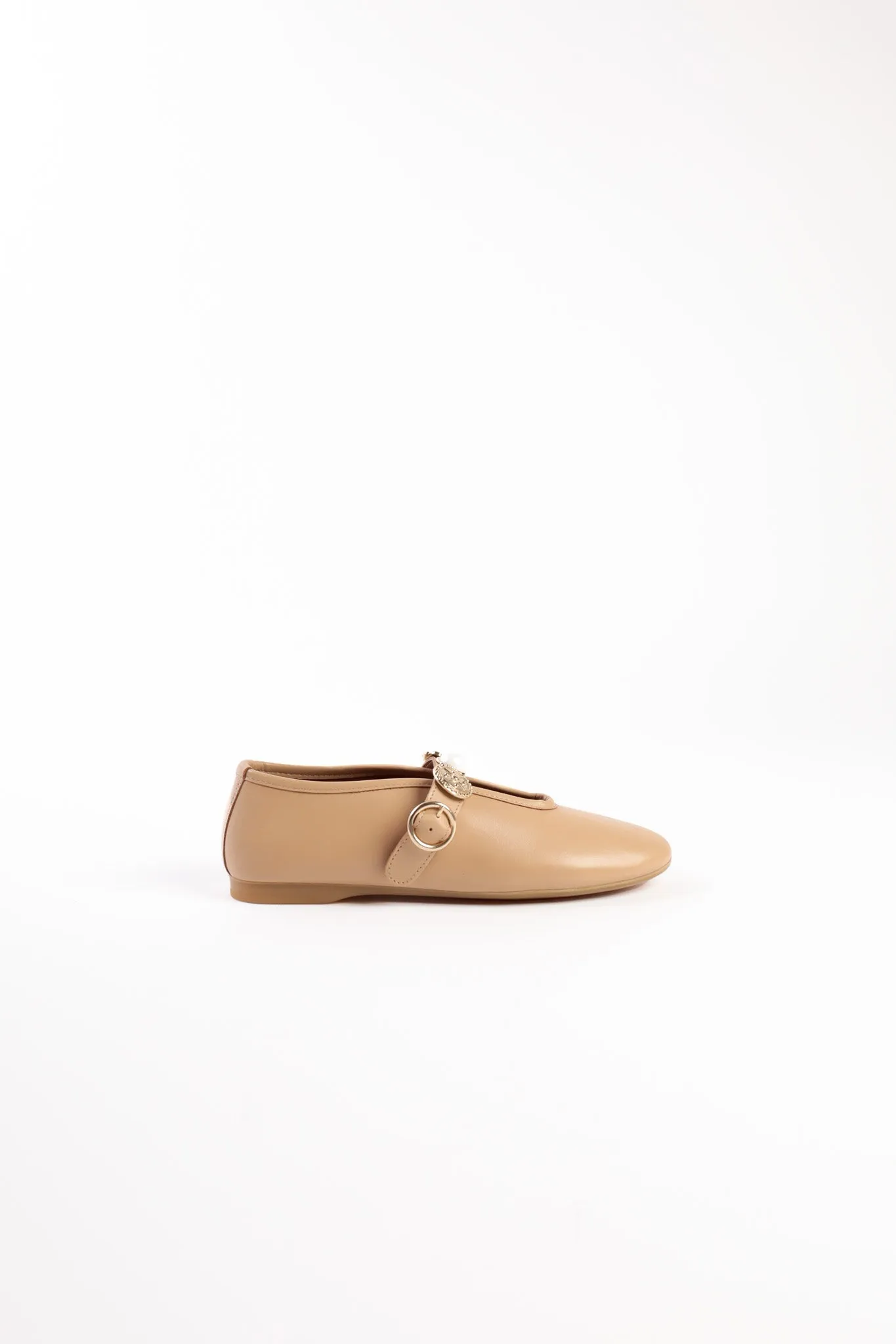 CLARICE CAMEL- Leather Ballet Flats with Embellished Strap