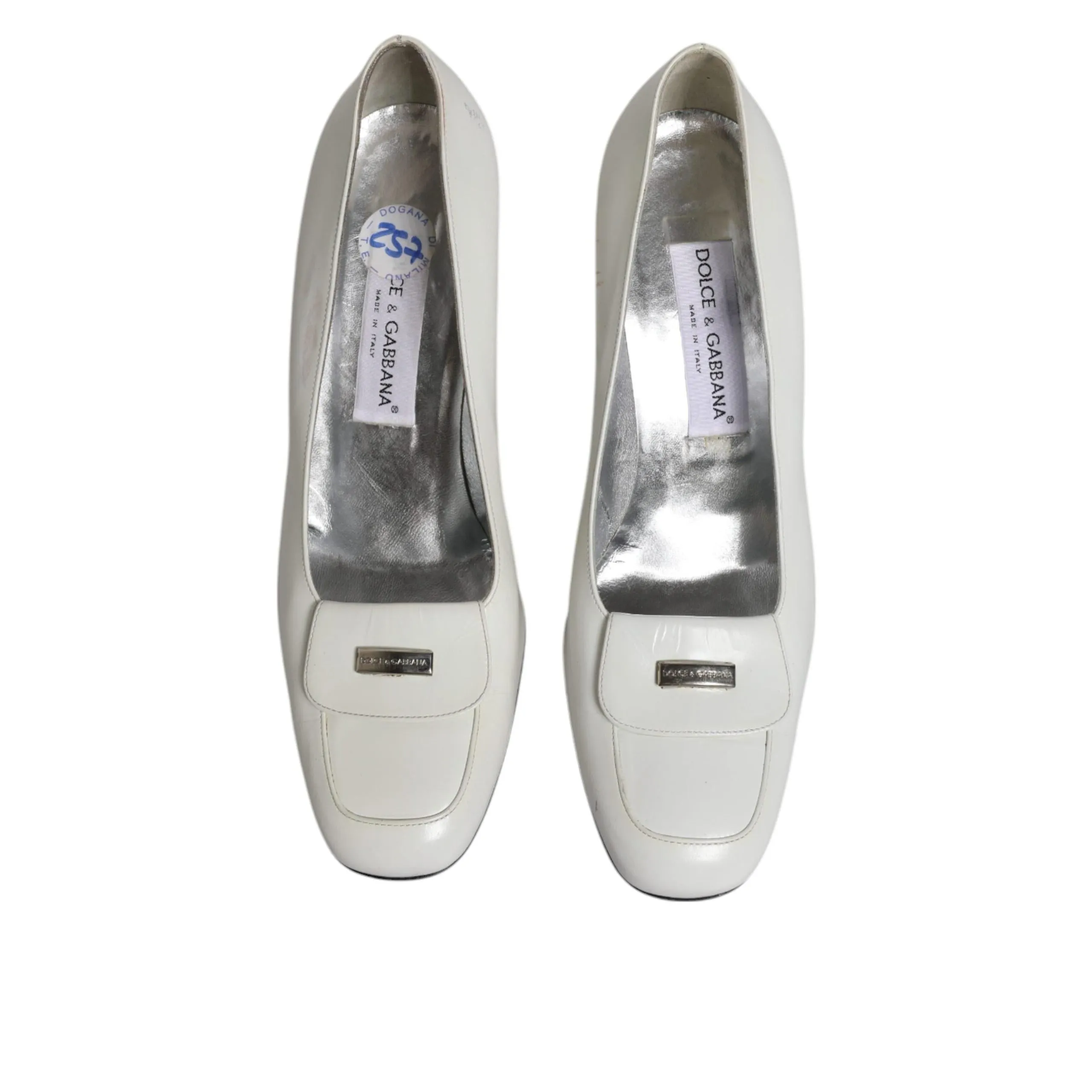 Dolce & Gabbana White Leather Block Heels Pumps Shoes