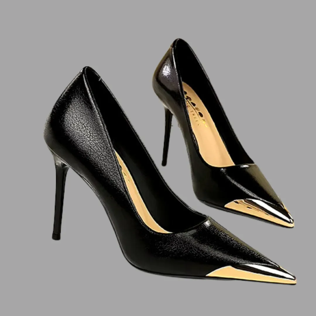 Elegant Leather Metal Pointed Heels - Black