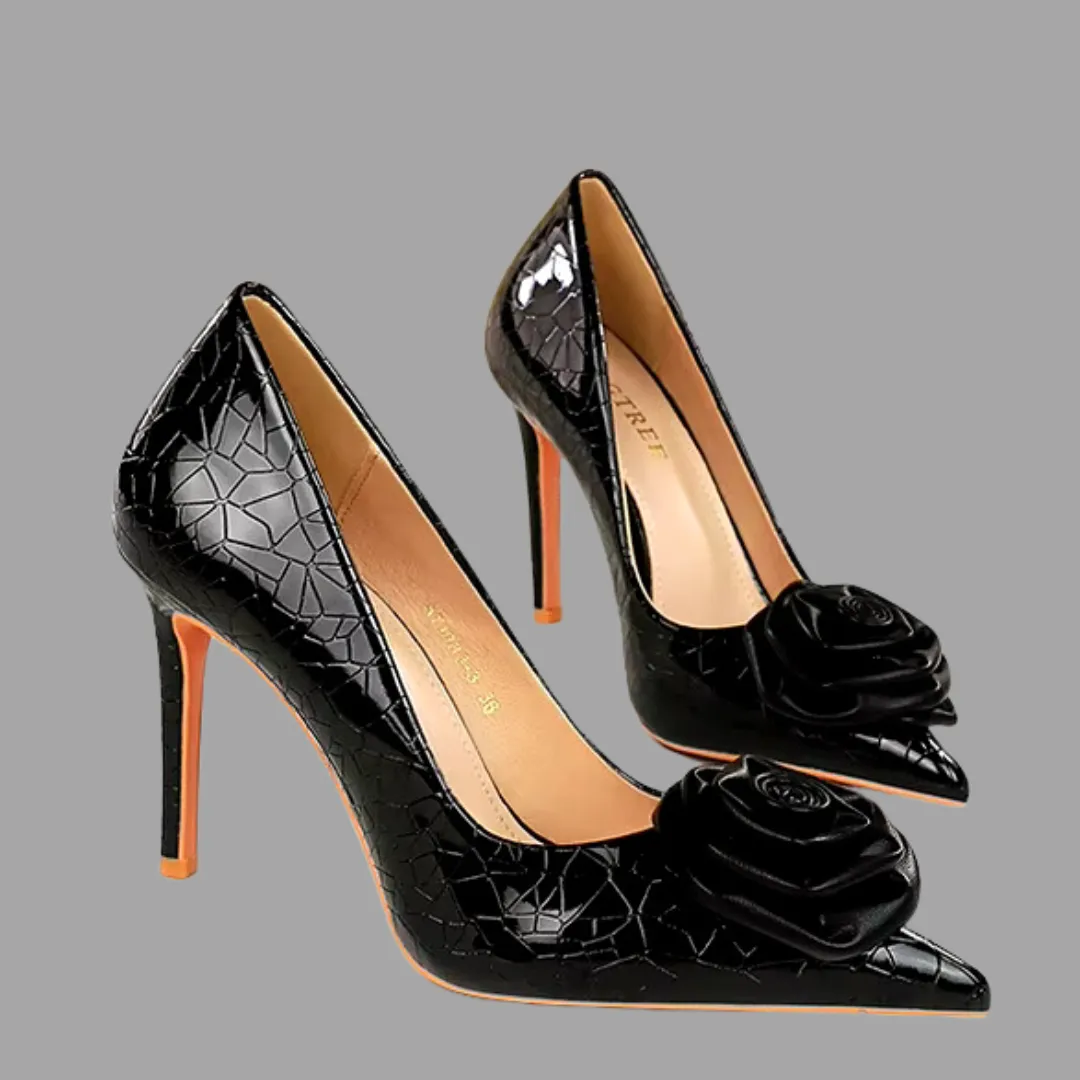 Floral Stone High Heels - Black