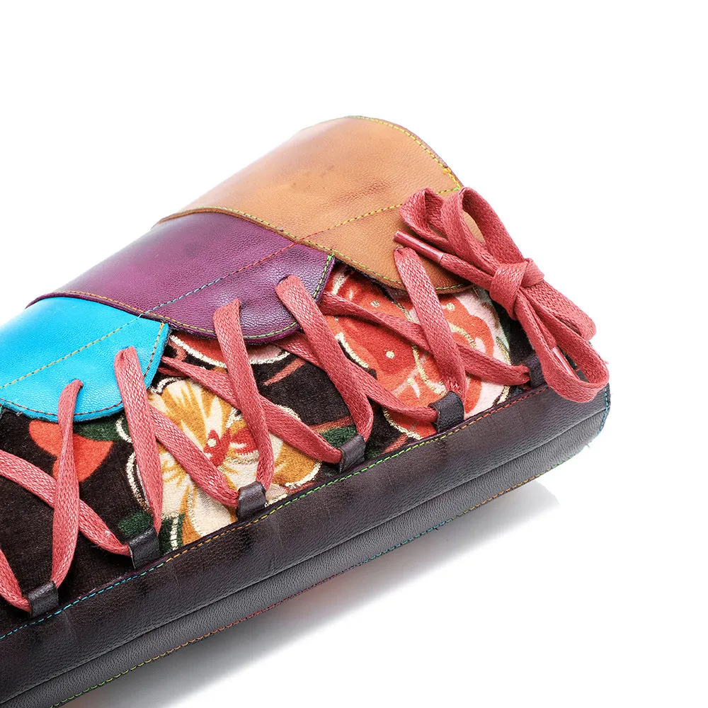 Hand-polished Leather Print Colorful Stitching Lace-up Thick-heeled High-heeled Boots