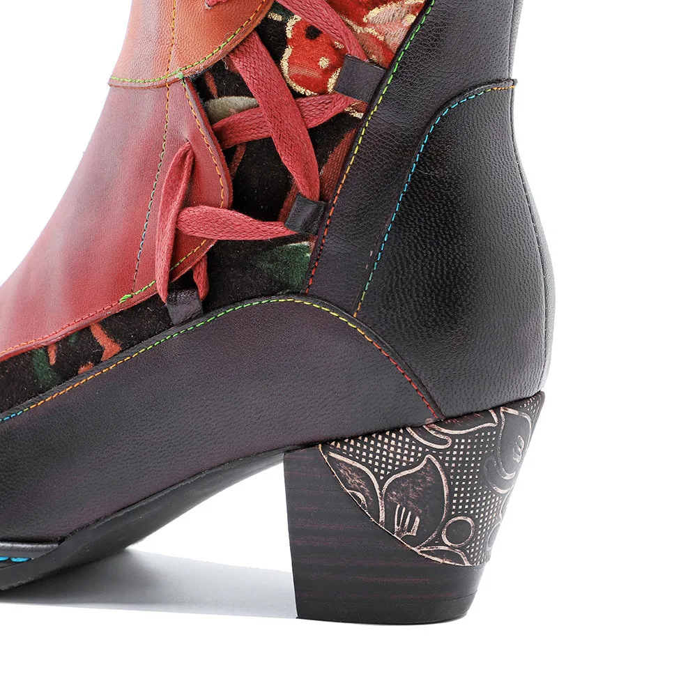 Hand-polished Leather Print Colorful Stitching Lace-up Thick-heeled High-heeled Boots