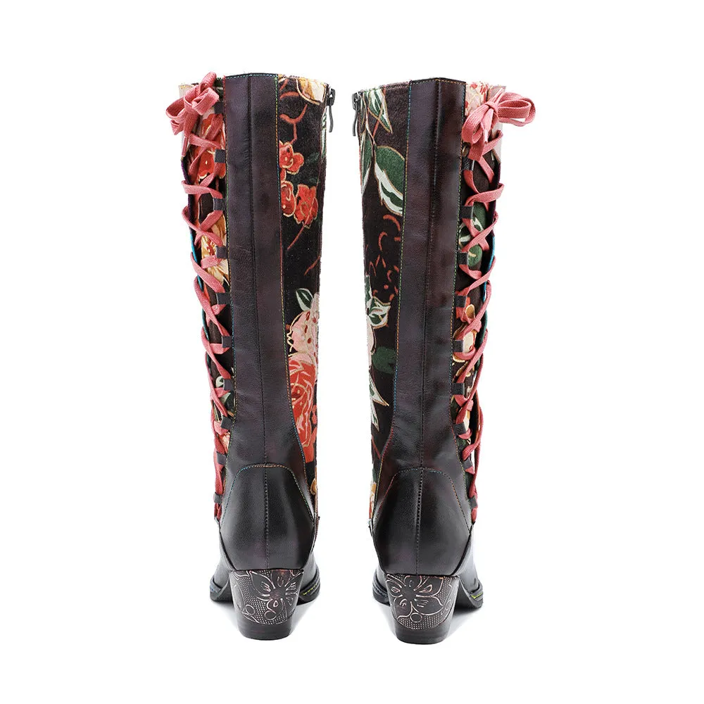 Hand-polished Leather Print Colorful Stitching Lace-up Thick-heeled High-heeled Boots