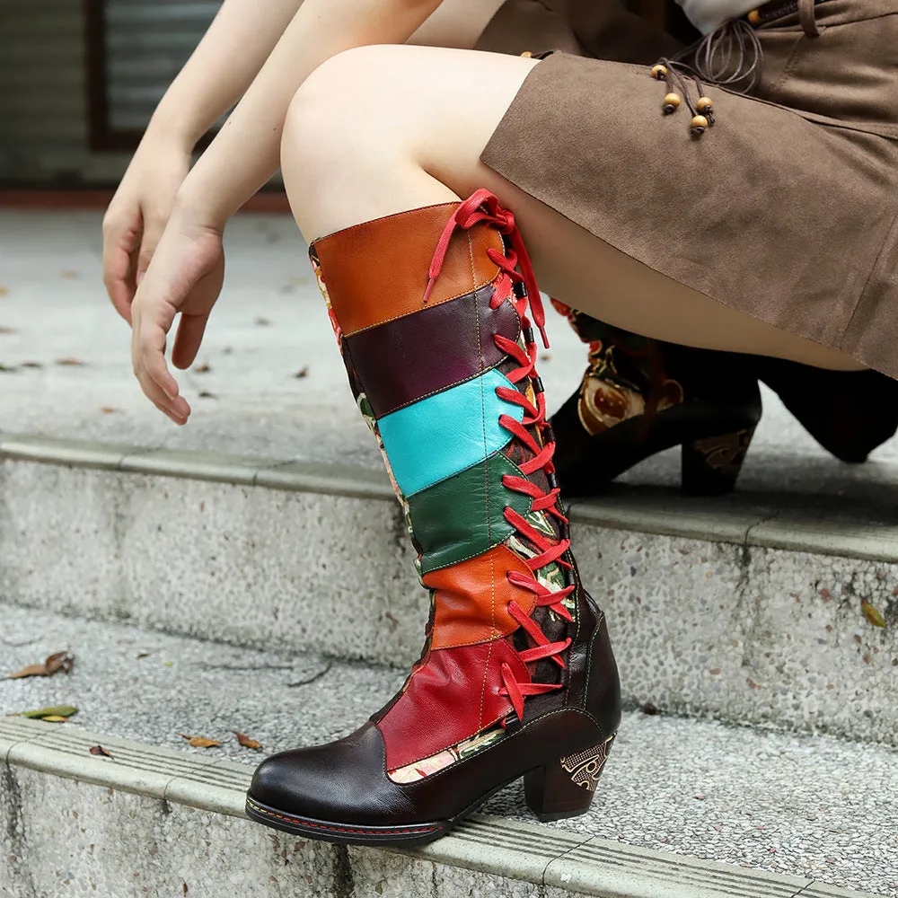 Hand-polished Leather Print Colorful Stitching Lace-up Thick-heeled High-heeled Boots