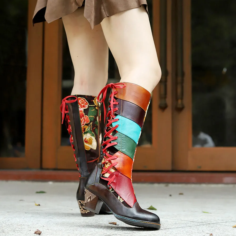 Hand-polished Leather Print Colorful Stitching Lace-up Thick-heeled High-heeled Boots