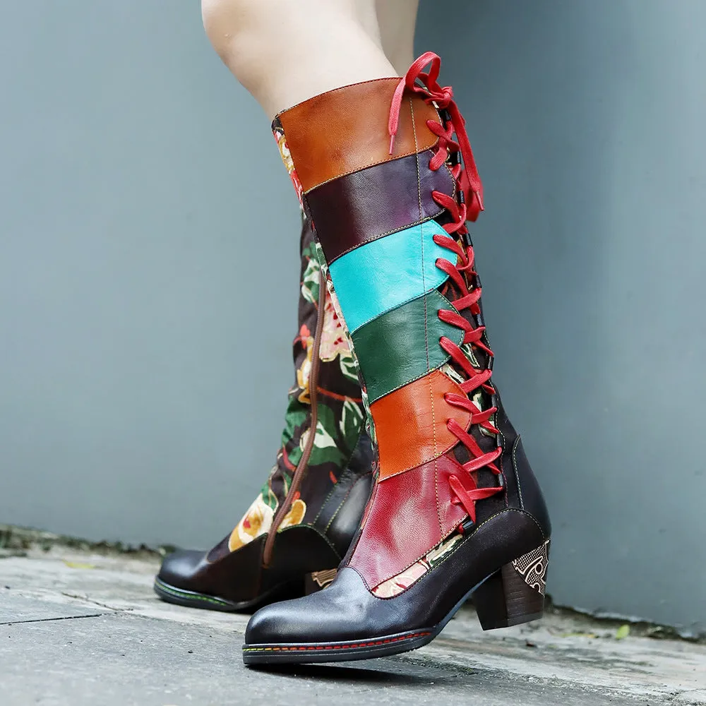 Hand-polished Leather Print Colorful Stitching Lace-up Thick-heeled High-heeled Boots