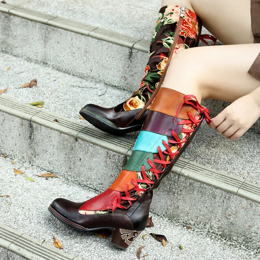 Hand-polished Leather Print Colorful Stitching Lace-up Thick-heeled High-heeled Boots