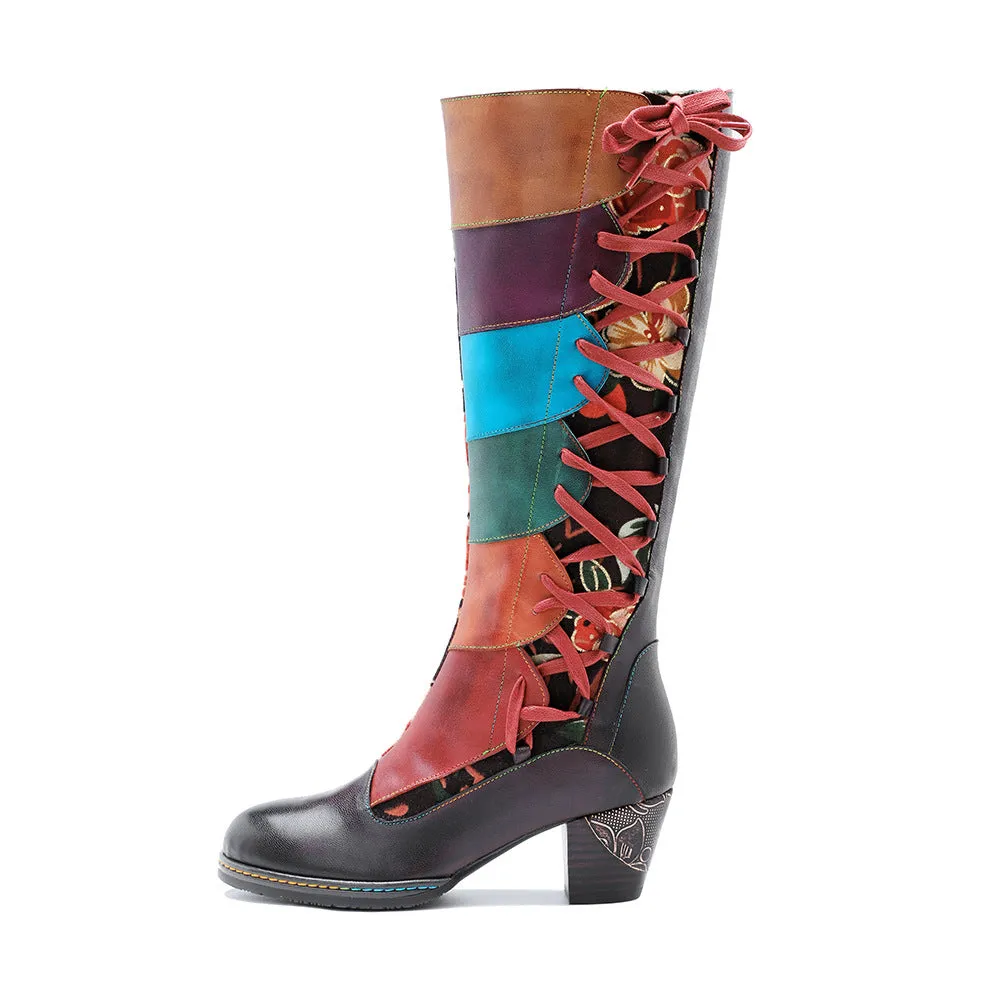 Hand-polished Leather Print Colorful Stitching Lace-up Thick-heeled High-heeled Boots