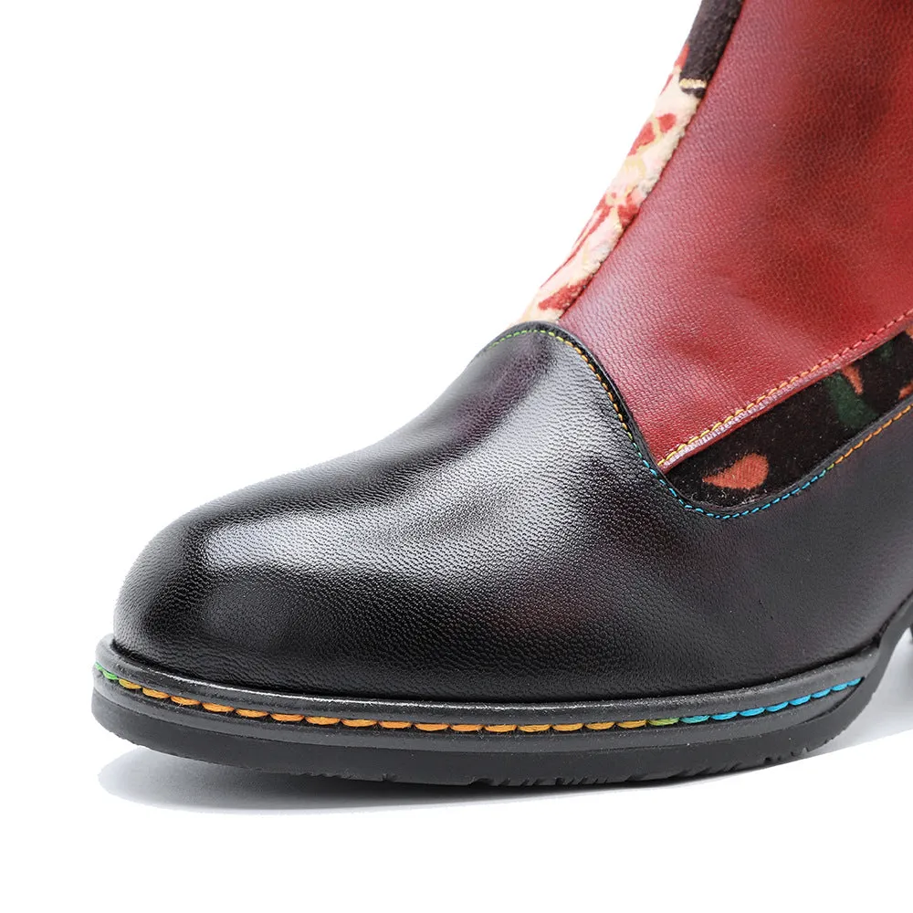 Hand-polished Leather Print Colorful Stitching Lace-up Thick-heeled High-heeled Boots
