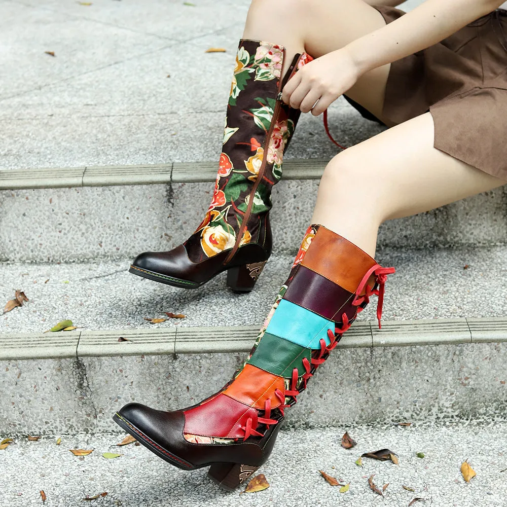 Hand-polished Leather Print Colorful Stitching Lace-up Thick-heeled High-heeled Boots