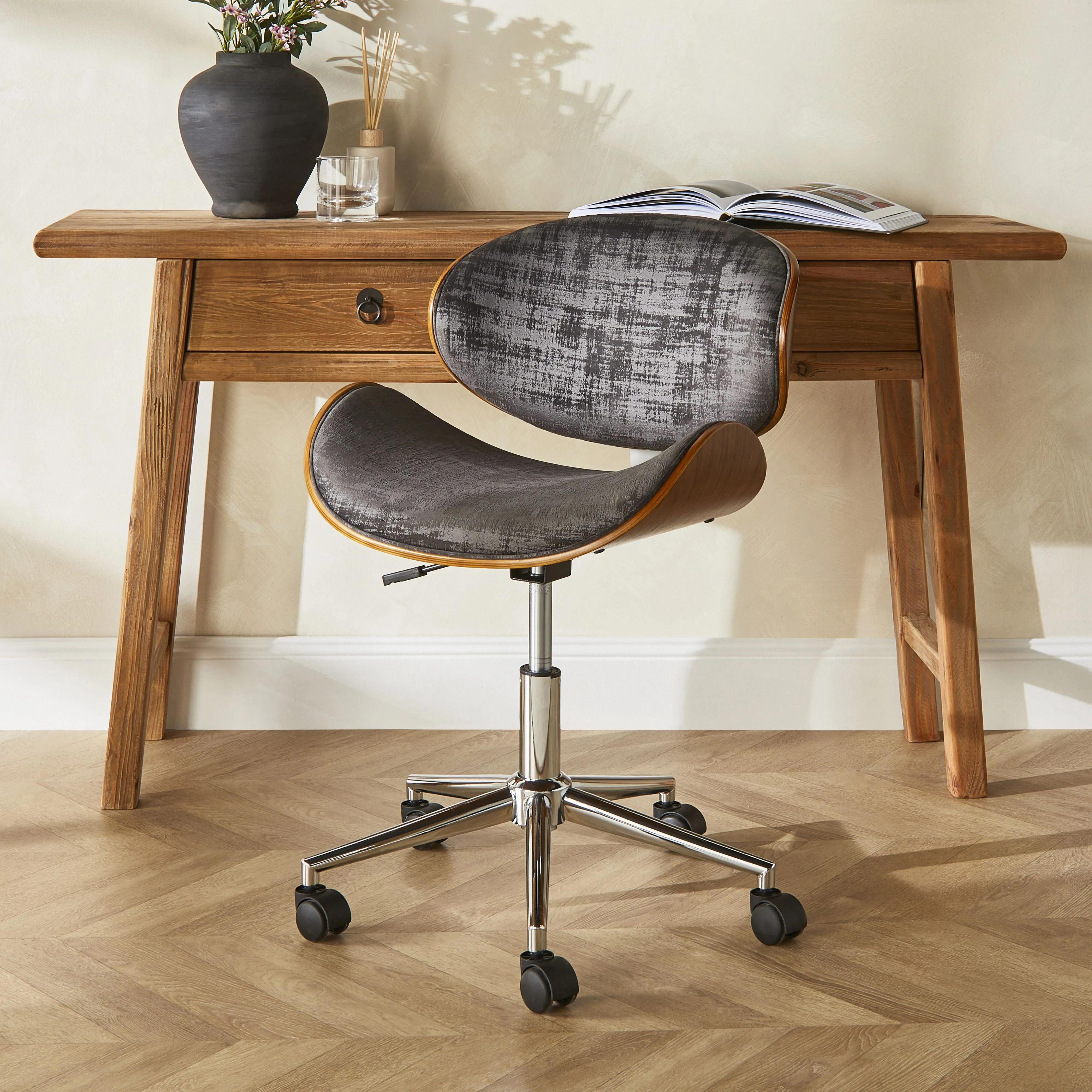 Jetson Desk Chair Timber Veneer Back Brushed Basalt Velvet