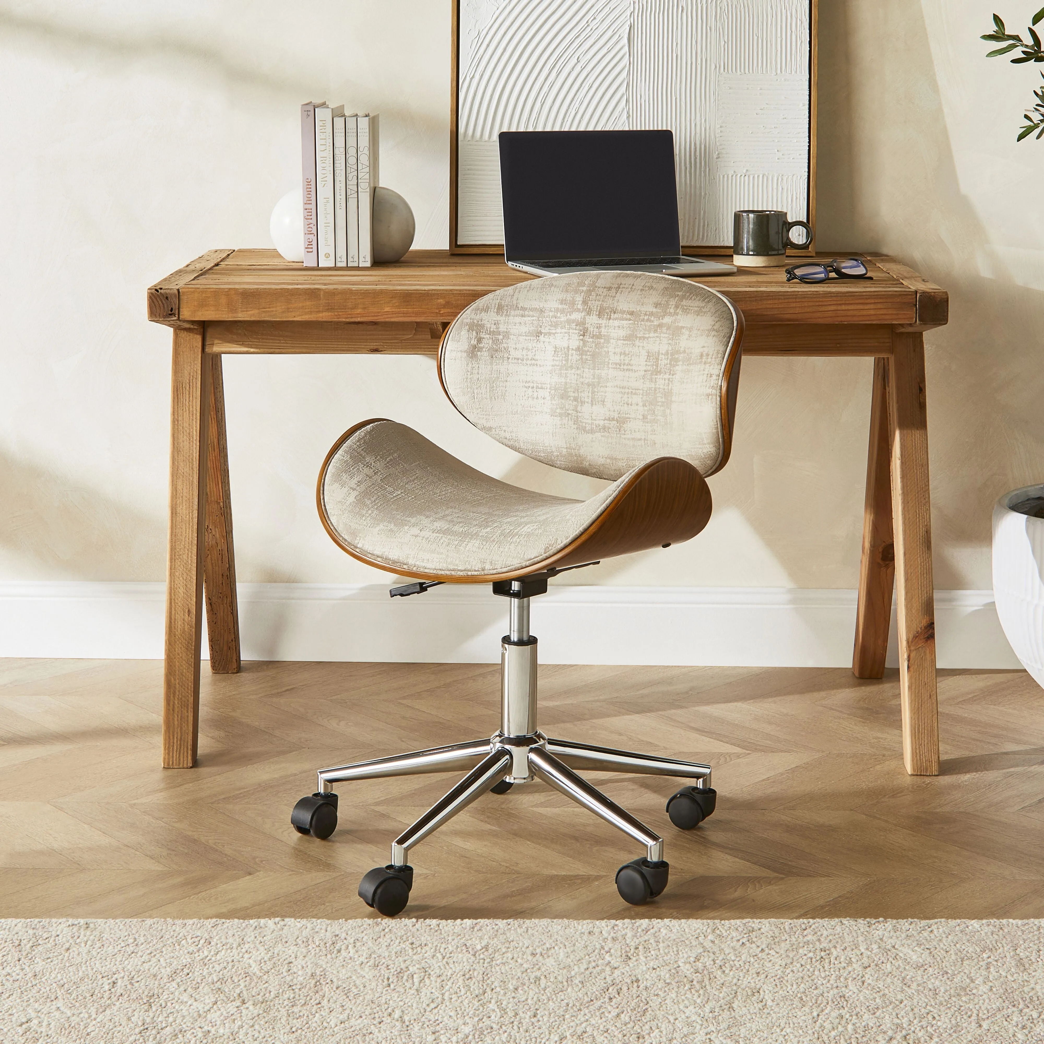 Jetson Desk Chair Timber Veneer Back Brushed Pebble Velvet