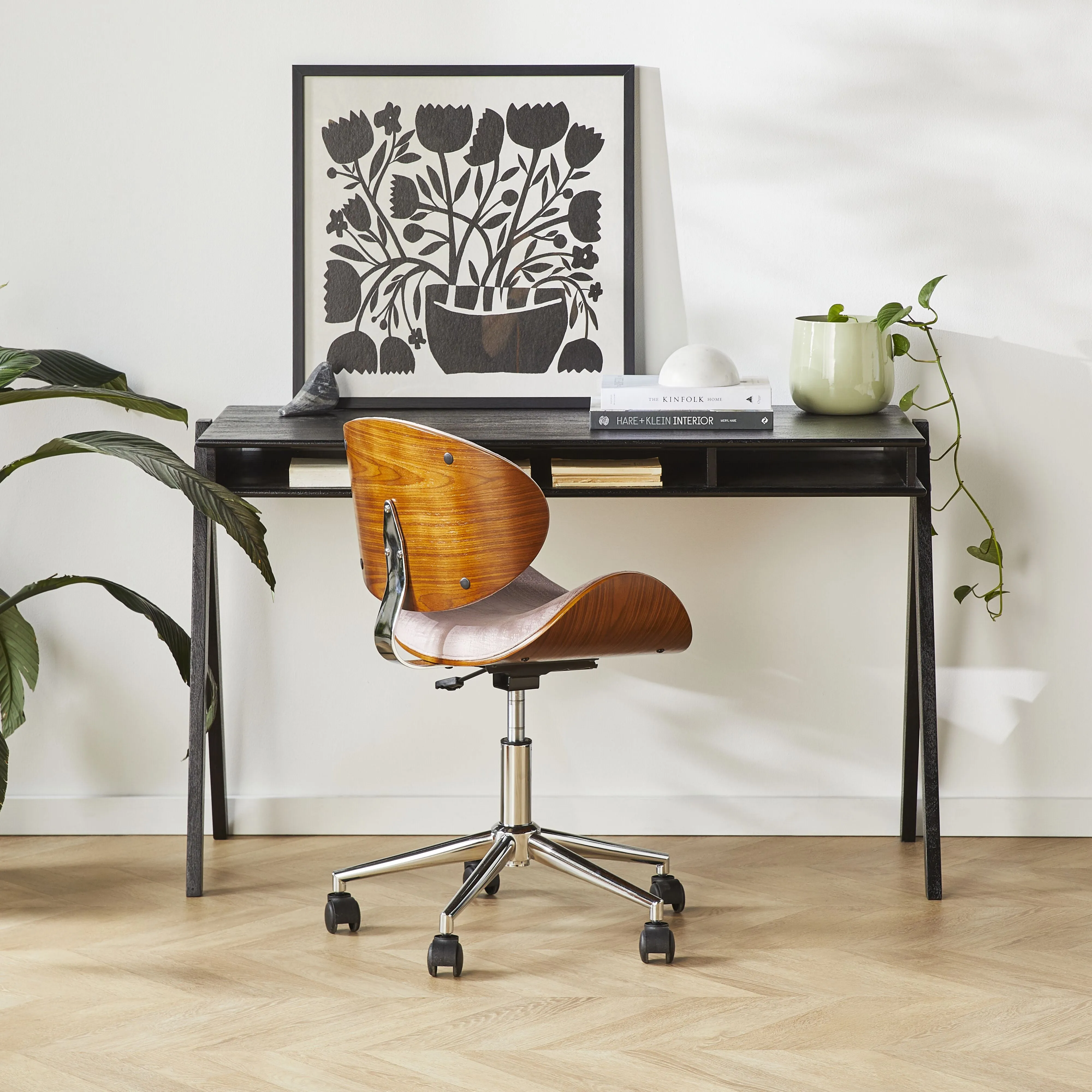 Jetson Desk Chair Timber Veneer Back Brushed Vintage Rose Velvet
