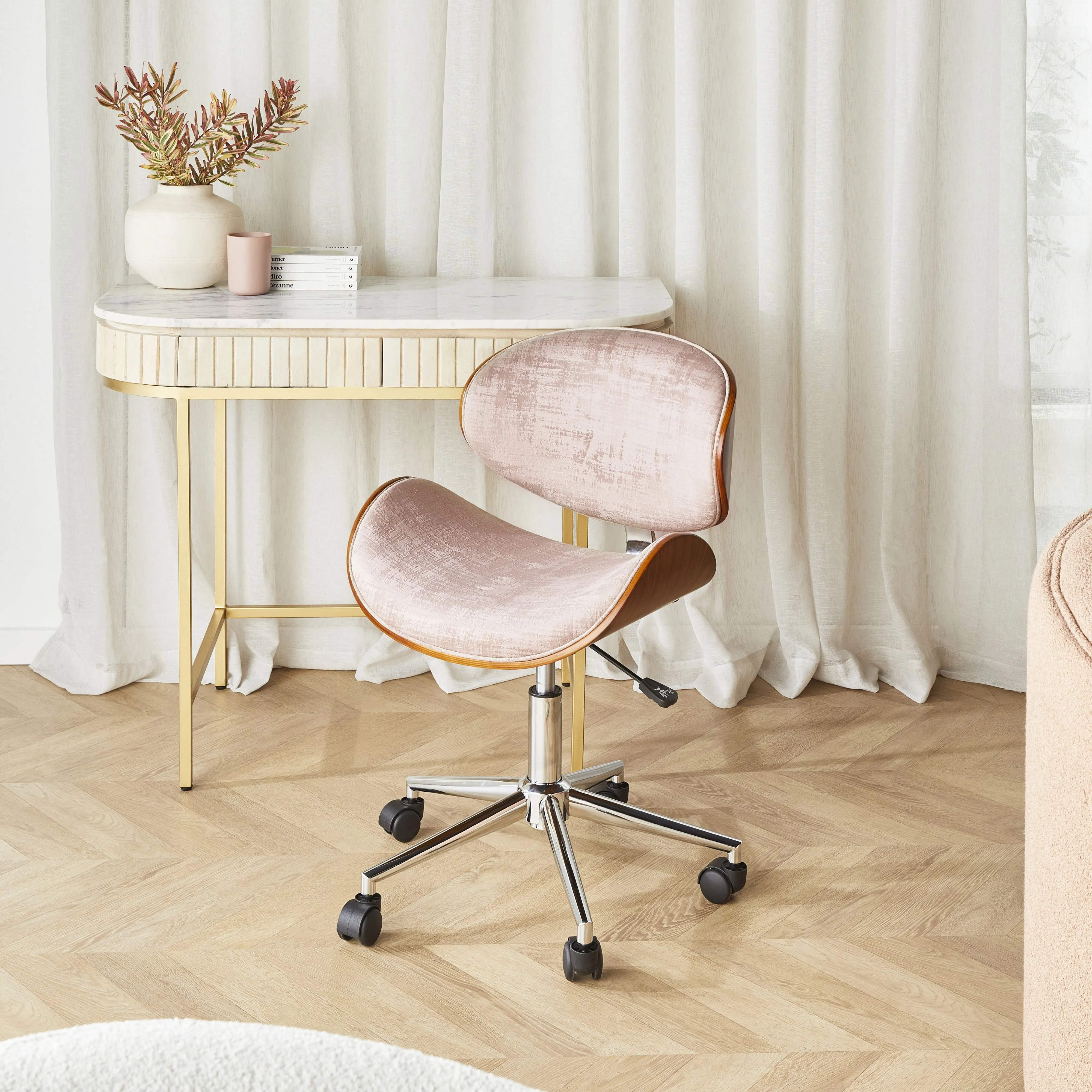 Jetson Desk Chair Timber Veneer Back Brushed Vintage Rose Velvet