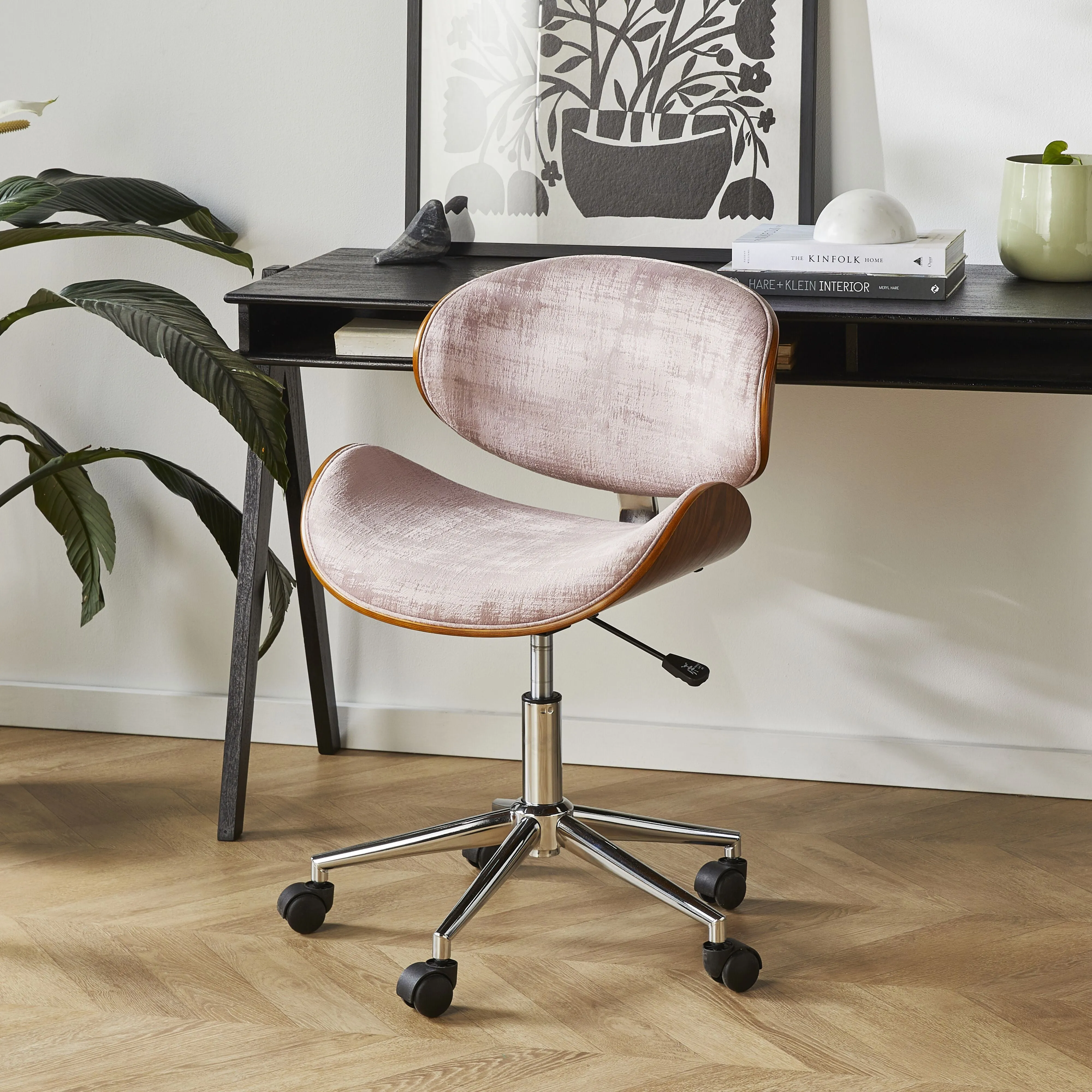 Jetson Desk Chair Timber Veneer Back Brushed Vintage Rose Velvet