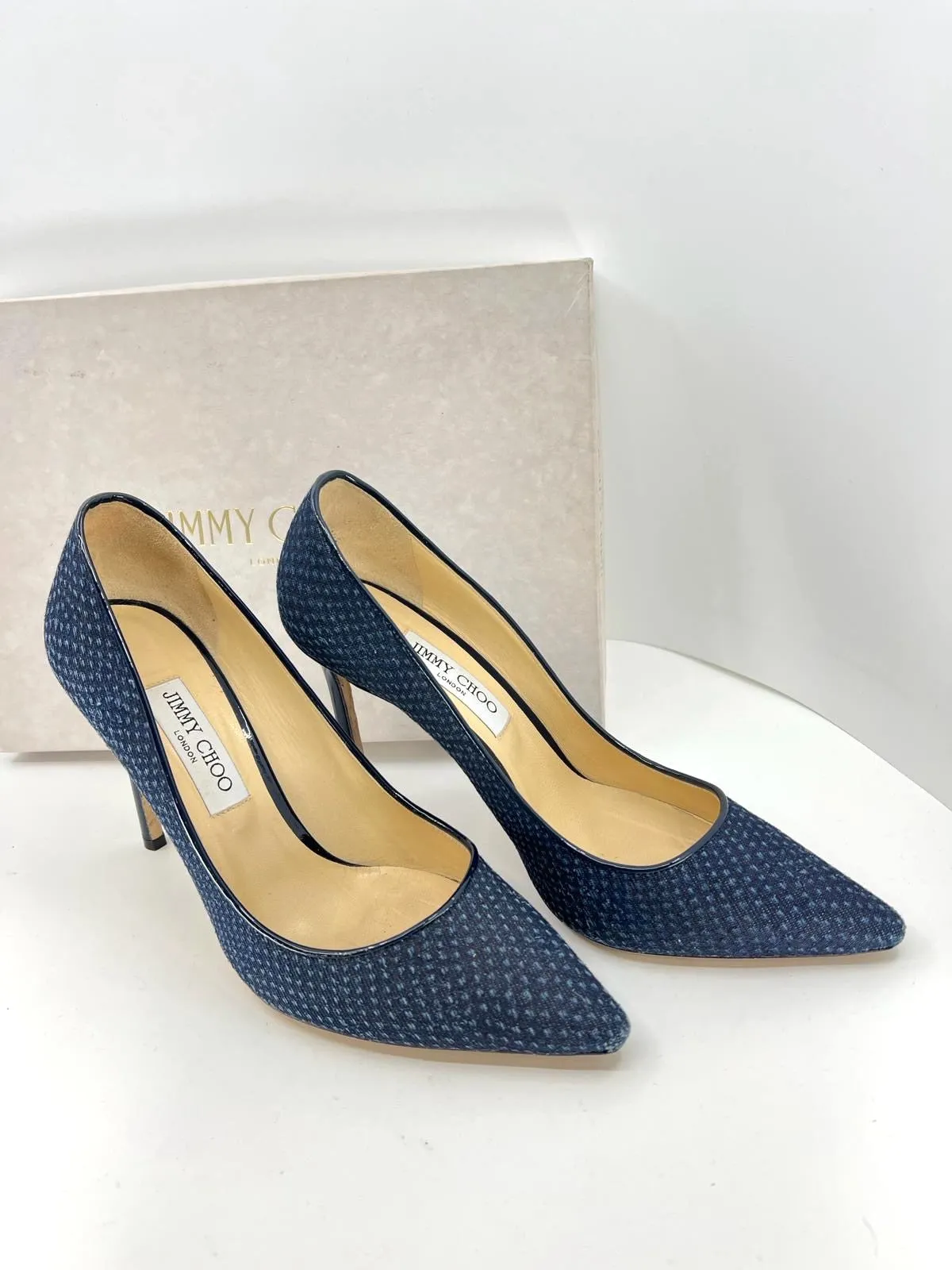 JIMMY CHOO ROMY PRINTED DENIM PUMPS