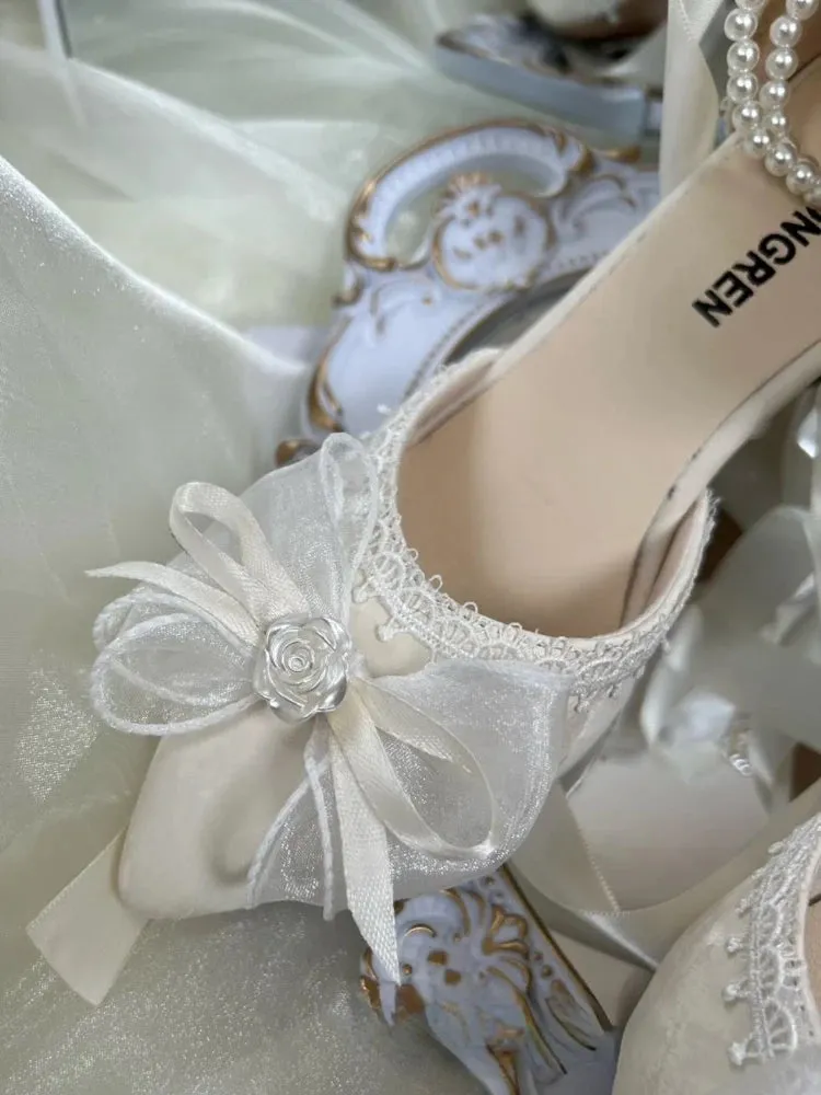 Lace Vintage Elegant High Heels Women Butterfly-knot Fairy Sweet Party Shoes Ladies Pearl String Retro French Pumps Women Summer
