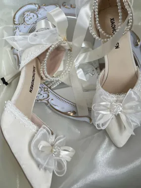 Lace Vintage Elegant High Heels Women Butterfly-knot Fairy Sweet Party Shoes Ladies Pearl String Retro French Pumps Women Summer