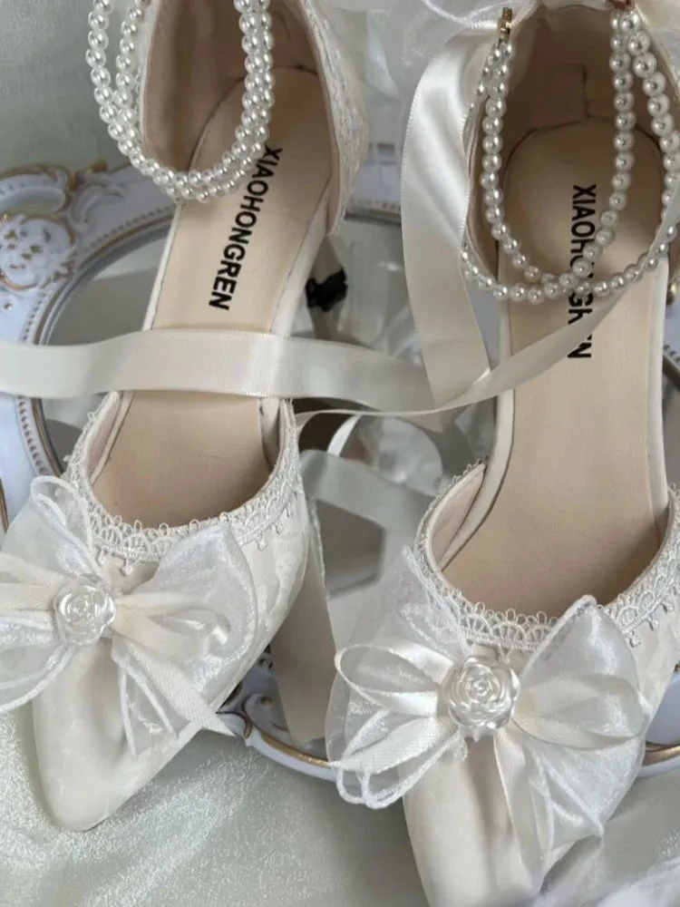 Lace Vintage Elegant High Heels Women Butterfly-knot Fairy Sweet Party Shoes Ladies Pearl String Retro French Pumps Women Summer