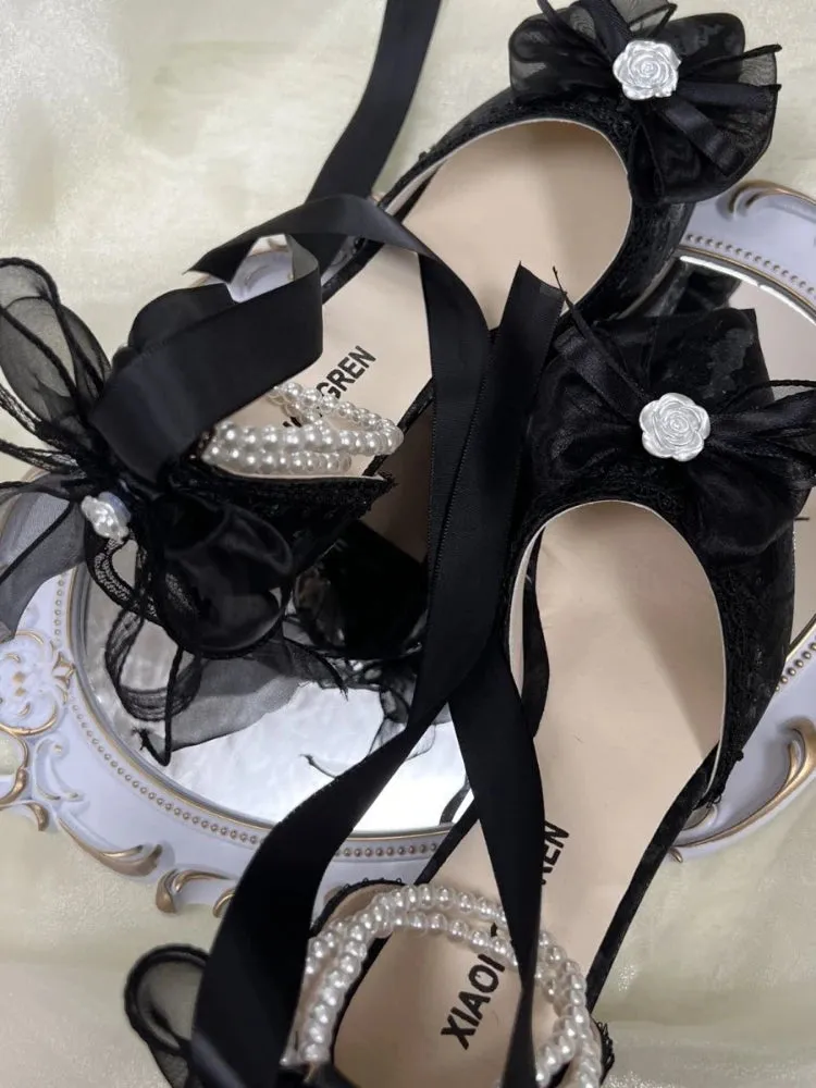 Lace Vintage Elegant High Heels Women Butterfly-knot Fairy Sweet Party Shoes Ladies Pearl String Retro French Pumps Women Summer