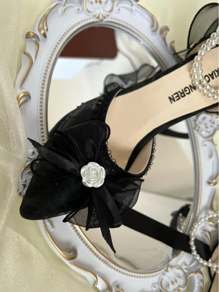 Lace Vintage Elegant High Heels Women Butterfly-knot Fairy Sweet Party Shoes Ladies Pearl String Retro French Pumps Women Summer