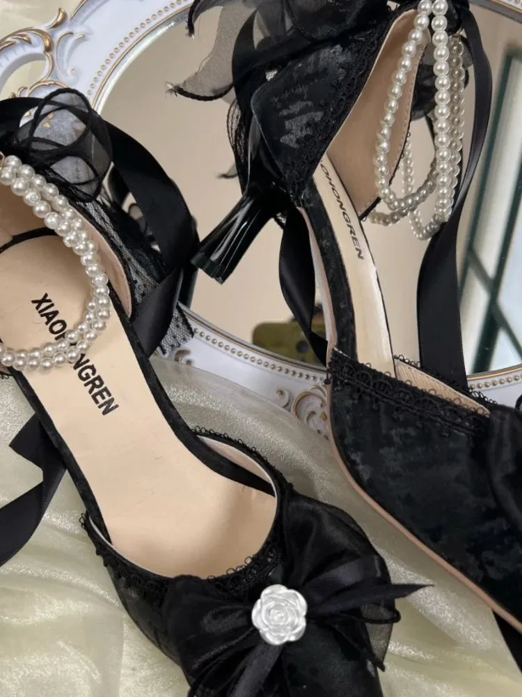 Lace Vintage Elegant High Heels Women Butterfly-knot Fairy Sweet Party Shoes Ladies Pearl String Retro French Pumps Women Summer