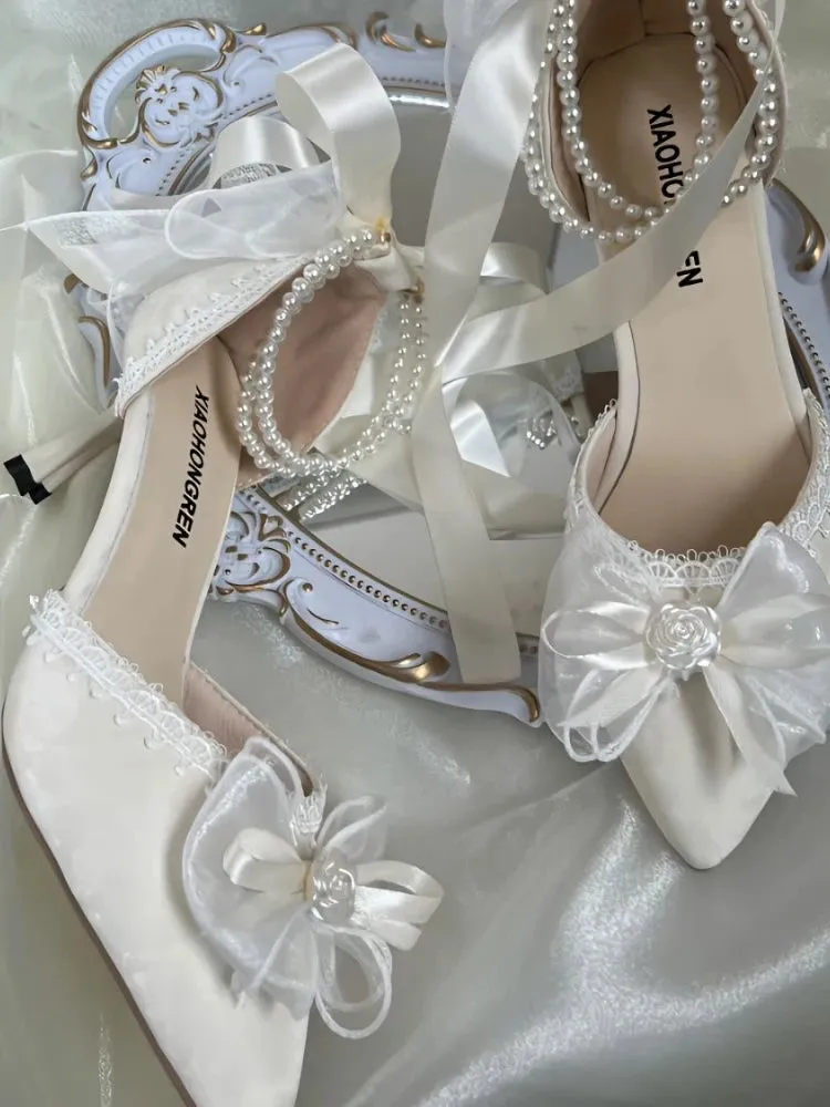 Lace Vintage Elegant High Heels Women Butterfly-knot Fairy Sweet Party Shoes Ladies Pearl String Retro French Pumps Women Summer