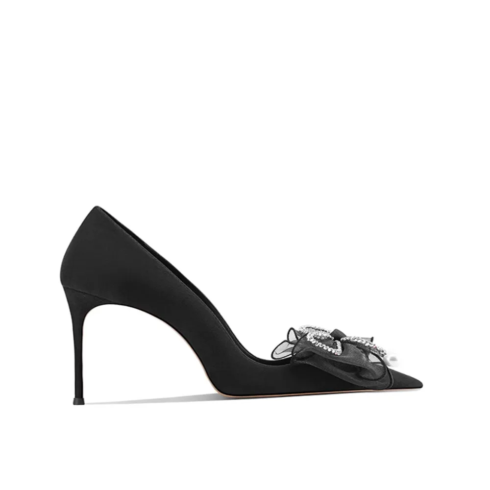 LENOB Diamante Bow Mid Heel Pumps - 6cm