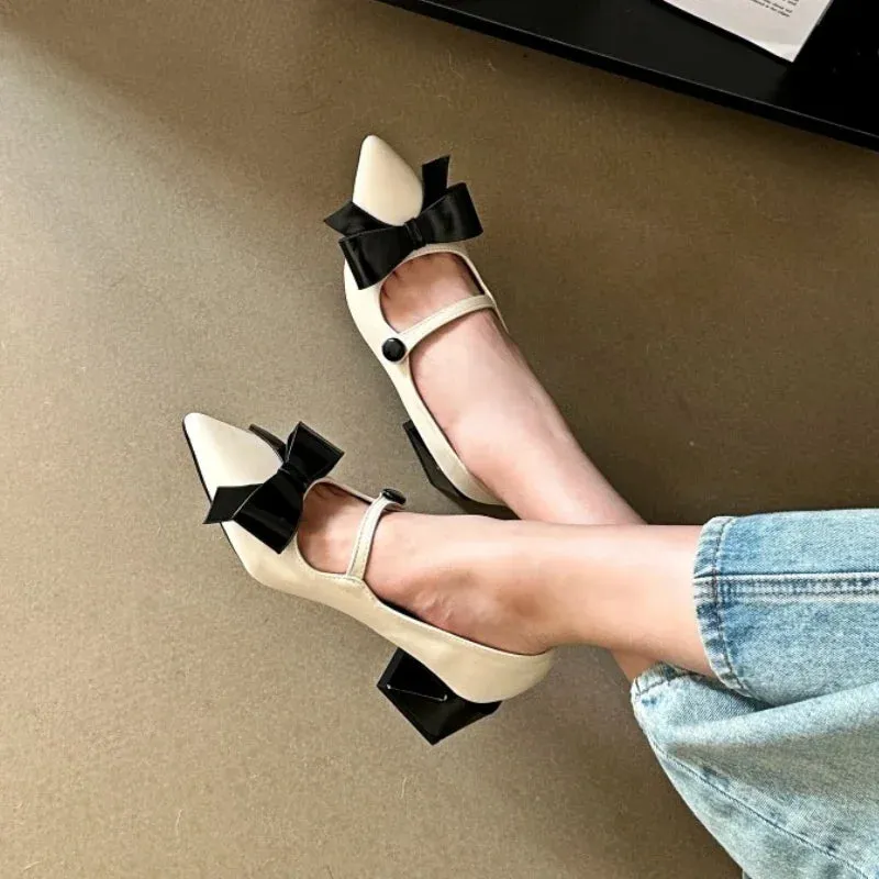 LIZAKOSHT  -  Bow Pointed Toe Mary Jane Shoes Women Chunky Heel Elegant Office Shoes Women Comfy Pumps Female Fashions Retro High Heels Women
