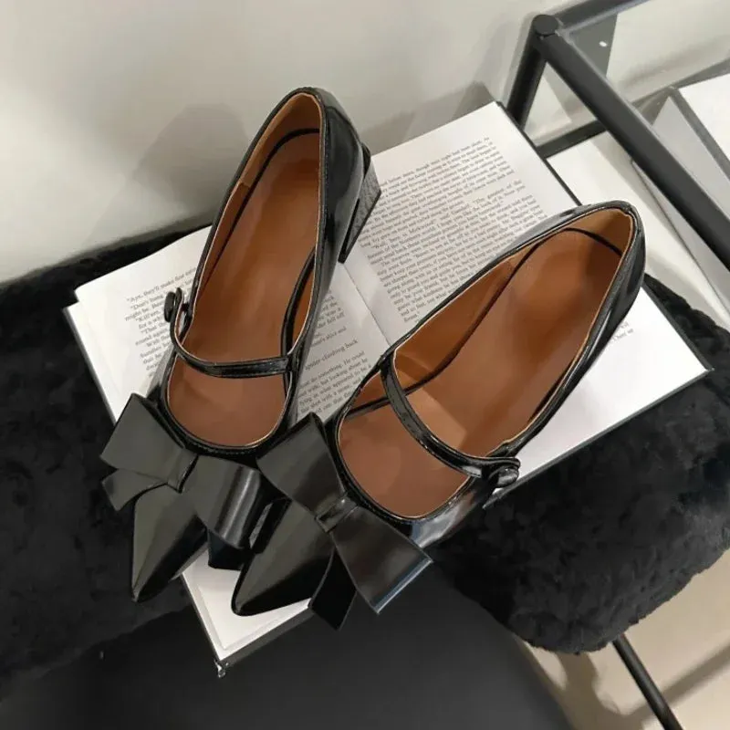 LIZAKOSHT  -  Bow Pointed Toe Mary Jane Shoes Women Chunky Heel Elegant Office Shoes Women Comfy Pumps Female Fashions Retro High Heels Women