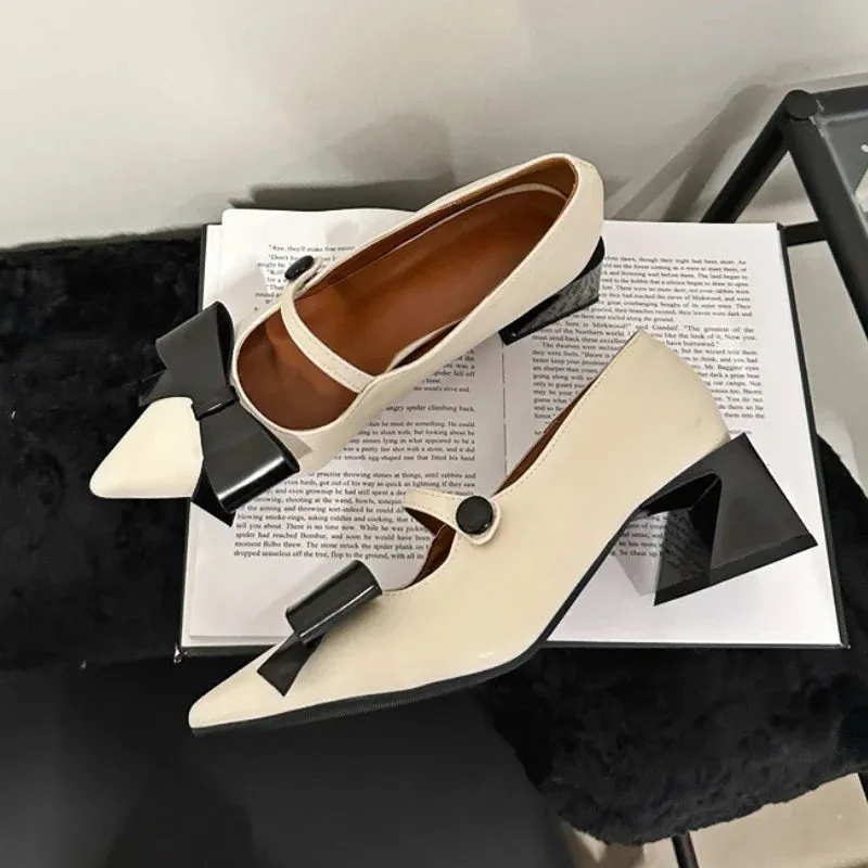 LIZAKOSHT  -  Bow Pointed Toe Mary Jane Shoes Women Chunky Heel Elegant Office Shoes Women Comfy Pumps Female Fashions Retro High Heels Women