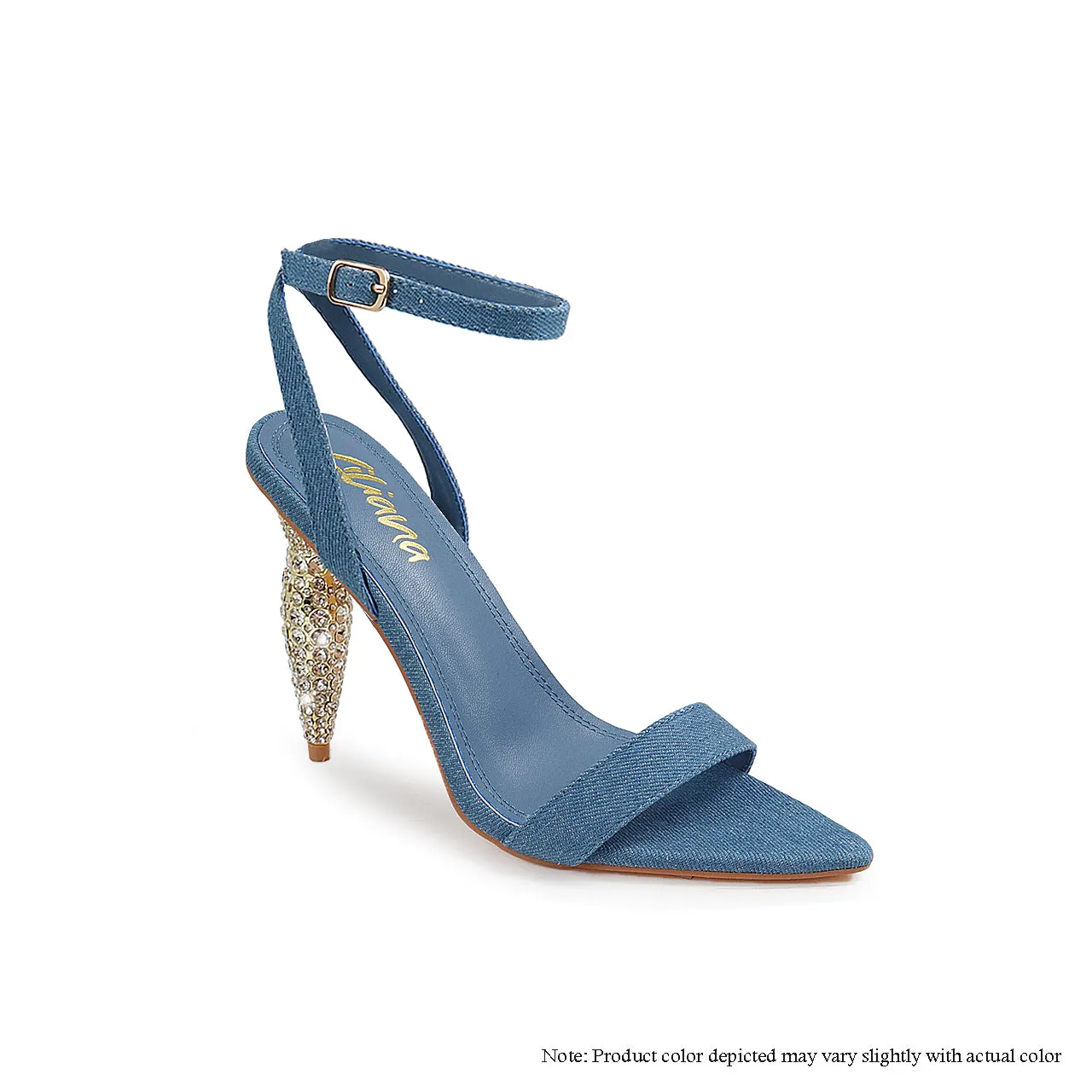 LUXUREE-1  POINTED HEEL W/ LIPSTICK RHINESTONE HEEL - DENIM